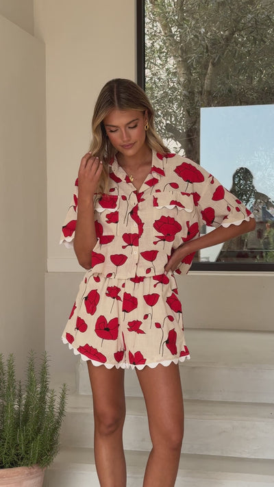 Load and play video in Gallery viewer, Poppy Button Up Shirt and Short Set - Red/Beige
