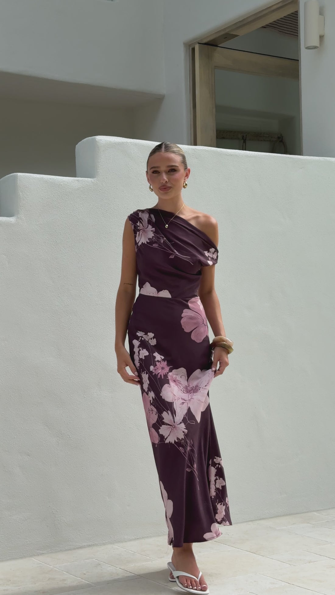 Wanita Off The Shoulder Maxi Dress - Chocolate Floral - Billy J