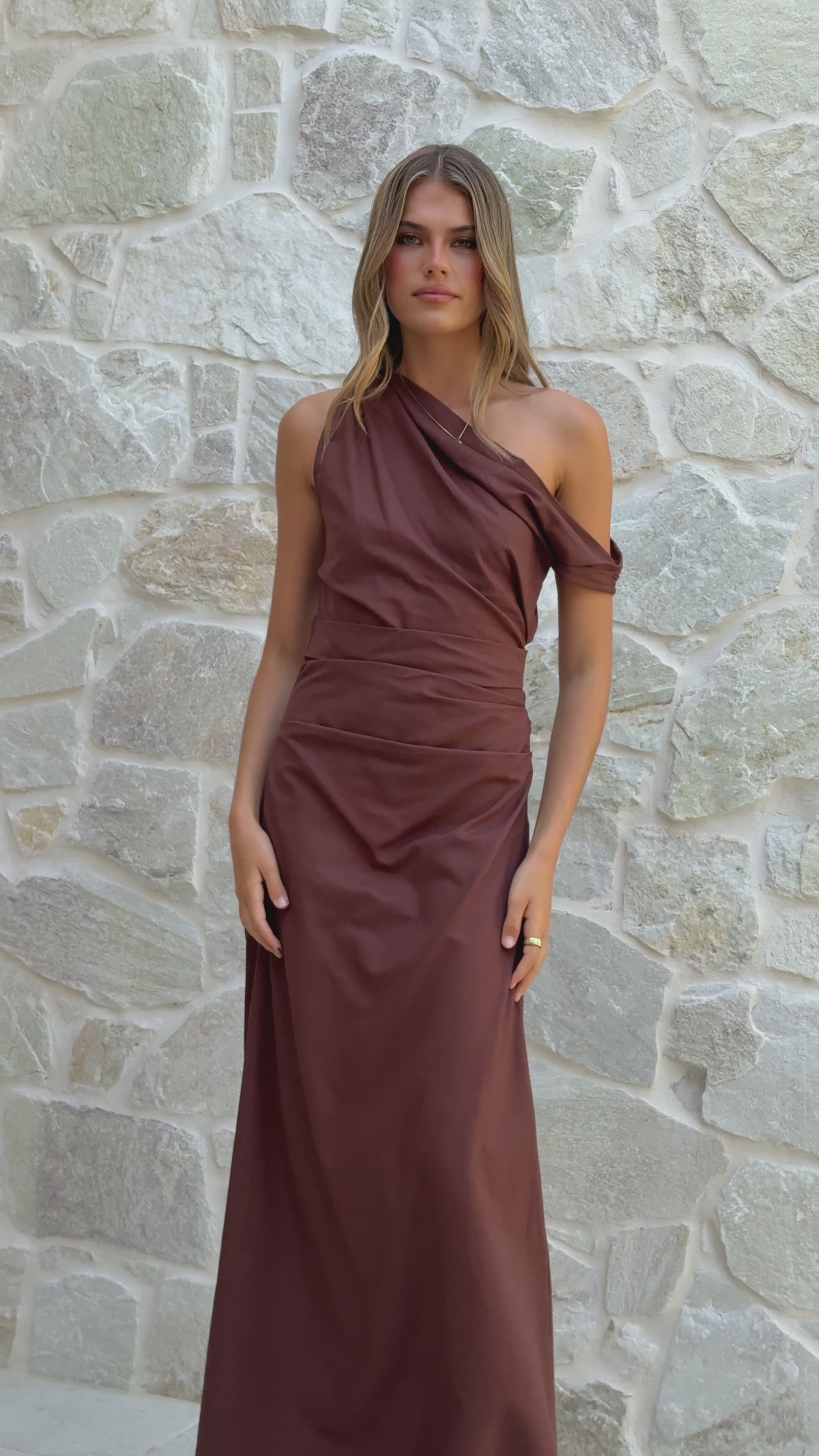 Load video: Larissa One Shoulder Maxi Dress - Brown - Billy J