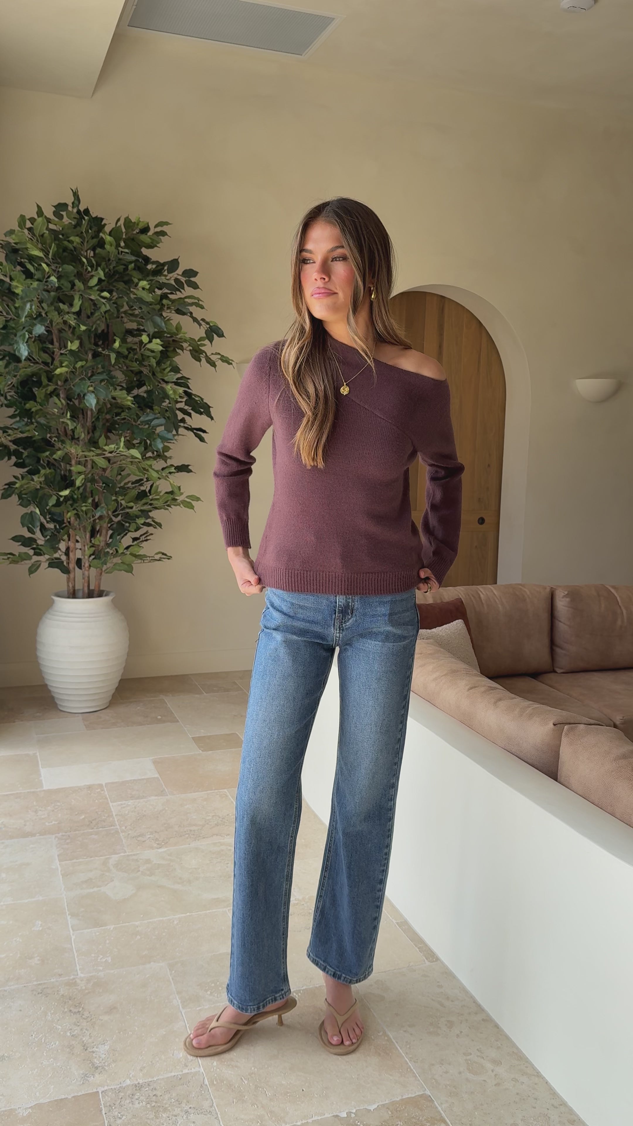 Load video: Briella Boat Neck Sweater - Brown - Billy J