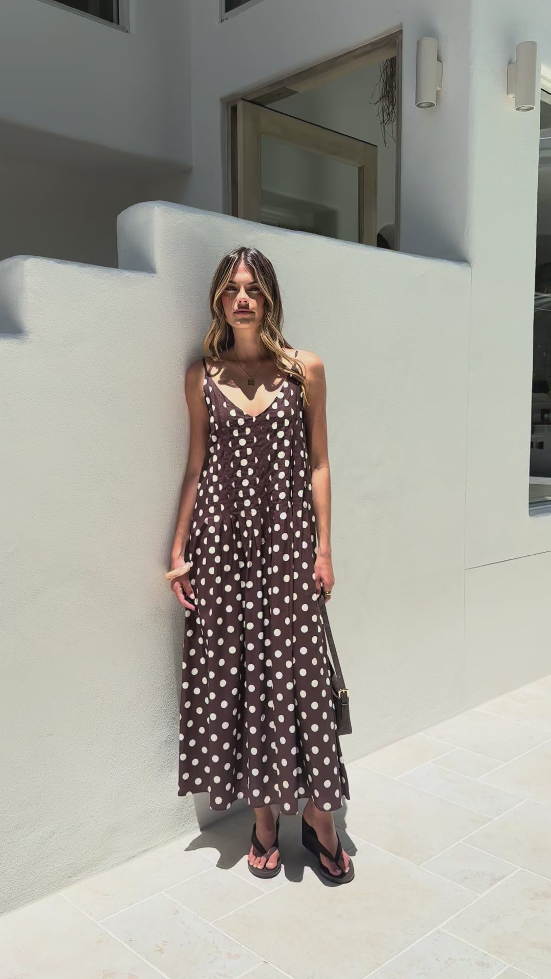Load video: Dimmi Maxi Dress - Chocolate Polka - Billy J