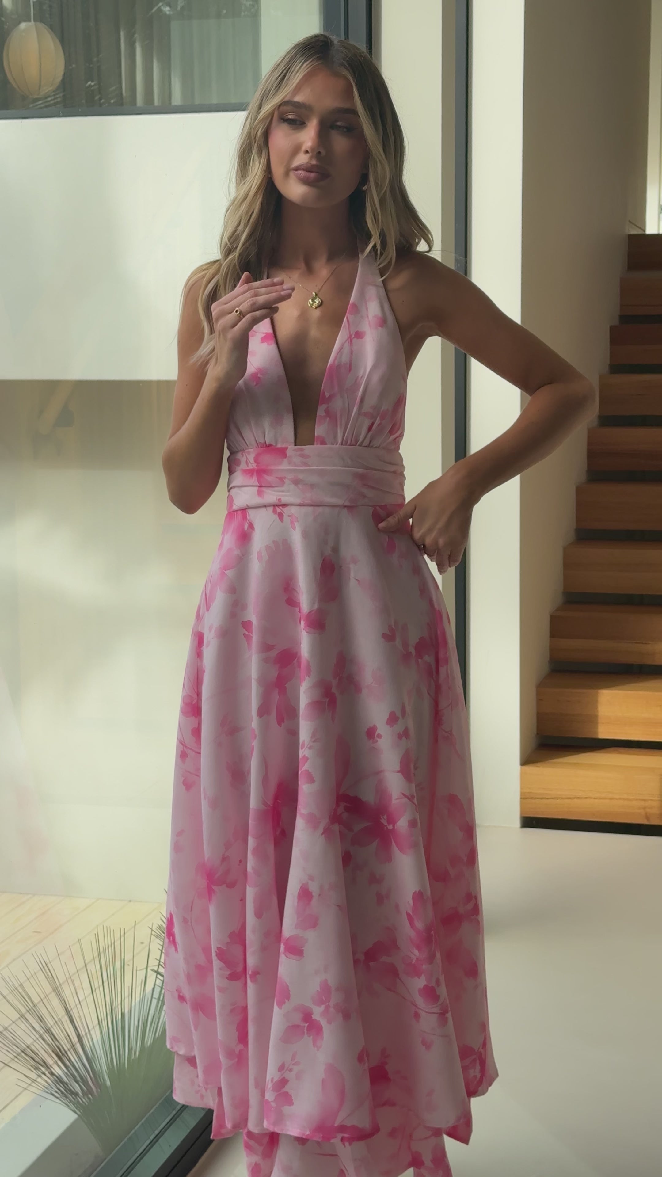 Load video: Kathy Halter Neck Maxi Dress - Pink Floral - Billy J