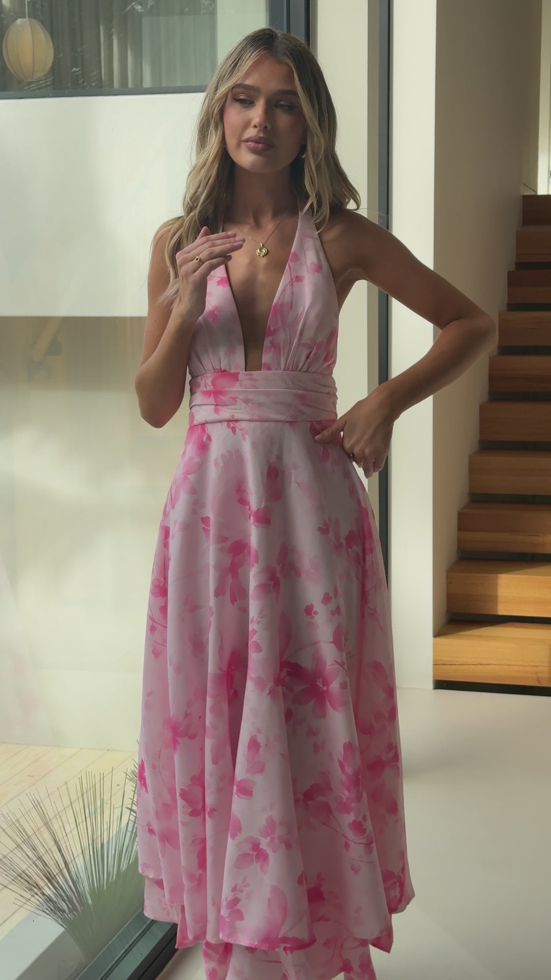 Kathy Halter Neck Maxi Dress - Pink Floral - Billy J