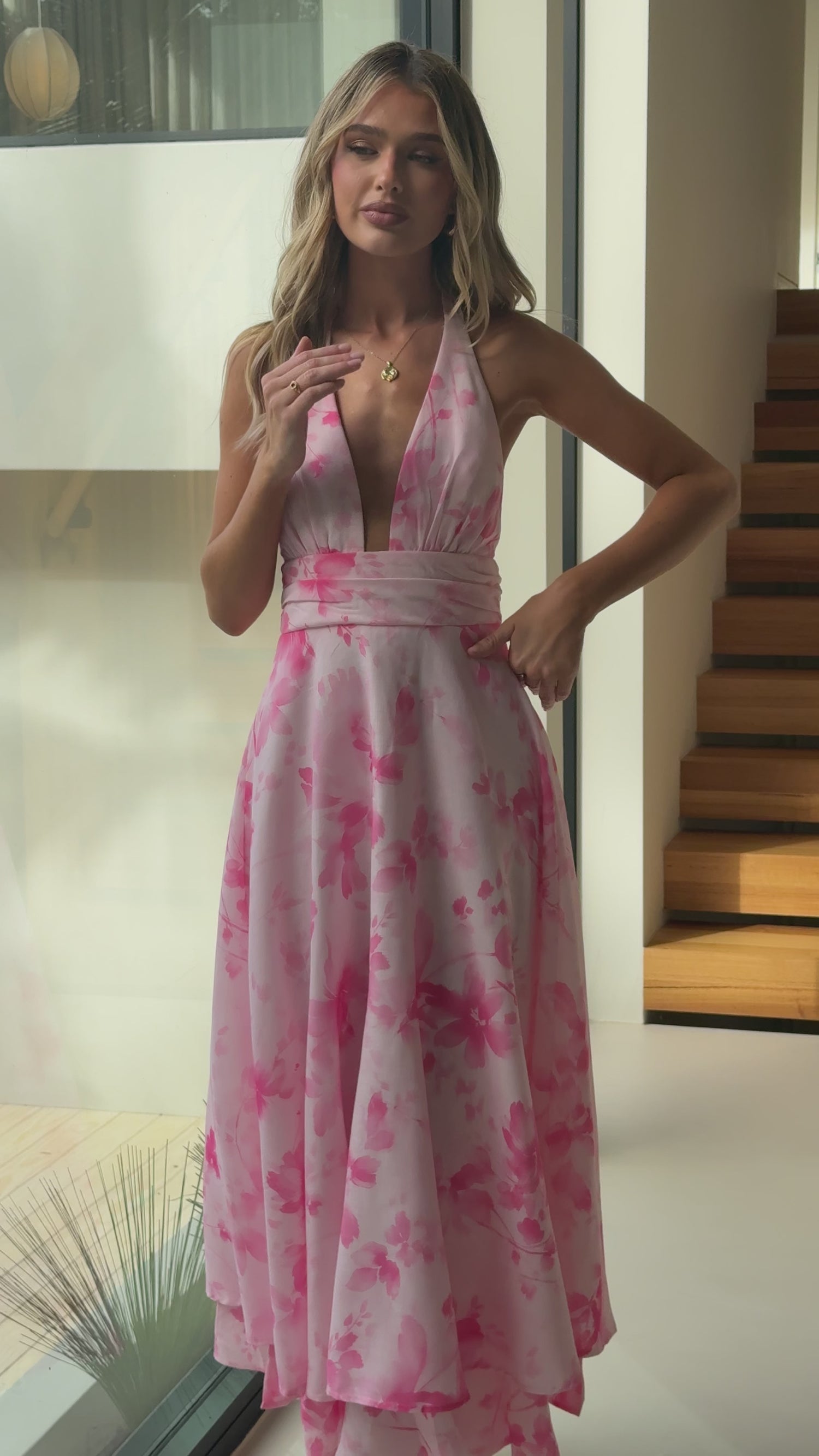 Kathy Halter Neck Maxi Dress - Pink Floral - Billy J