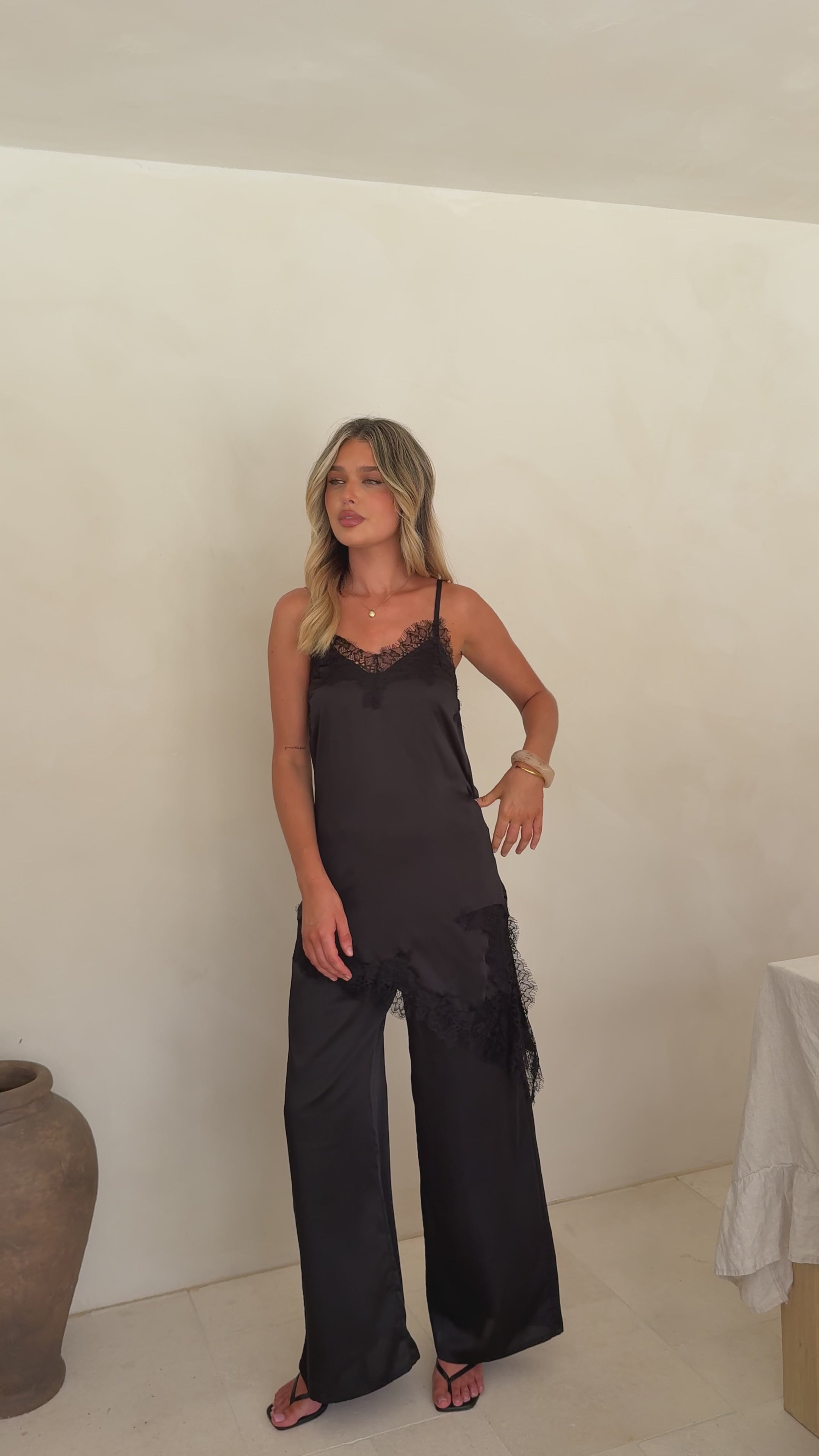 Load video: Hayleigh Asymmetrical Top and Pants Set - Black/Lace - Billy J