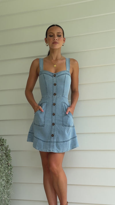 Load and play video in Gallery viewer, Damalis Mini Dress - Mid Blue Denim
