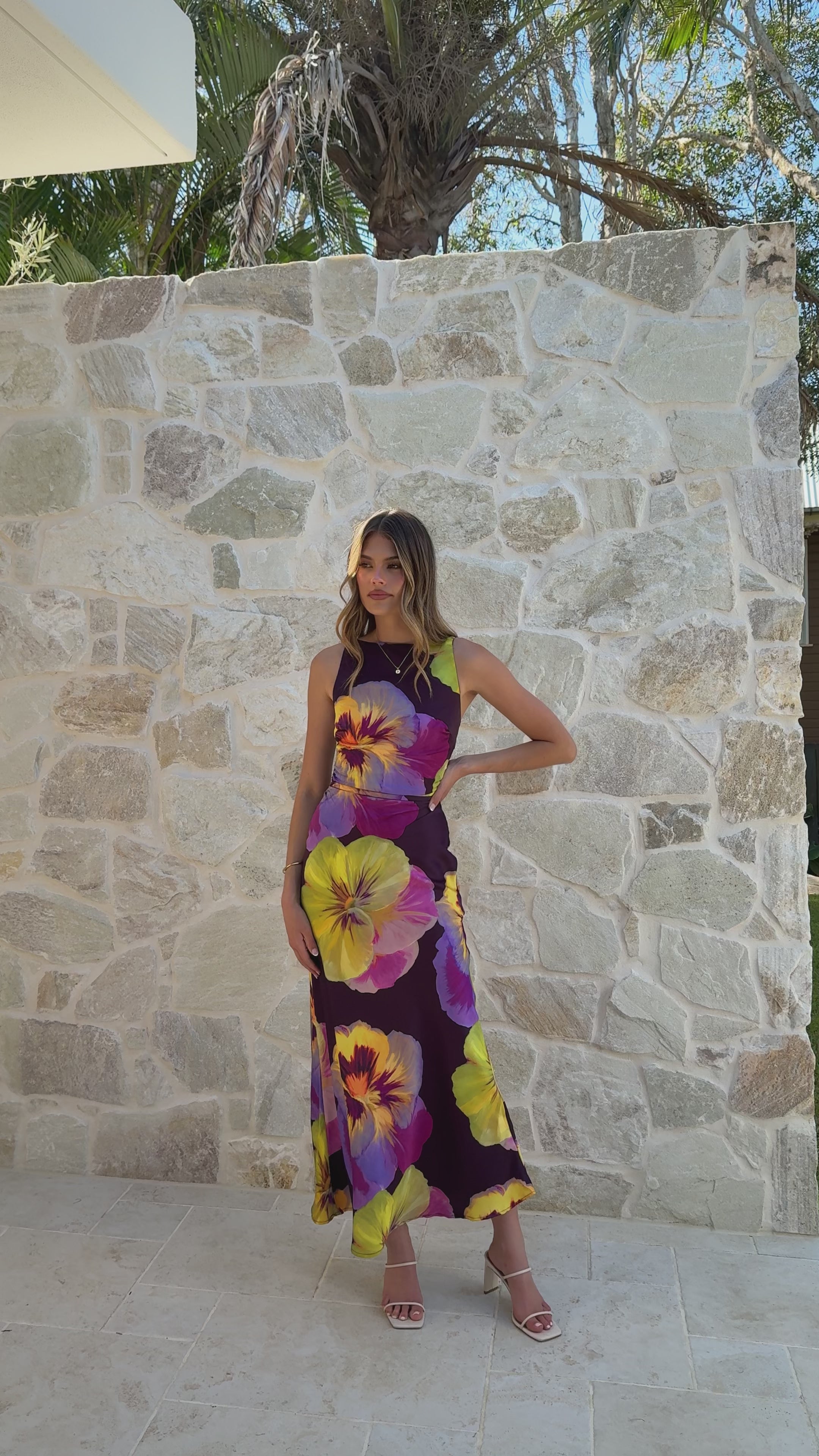 Load video: Helenie Maxi Dress - Purple/Yellow Floral - Billy J