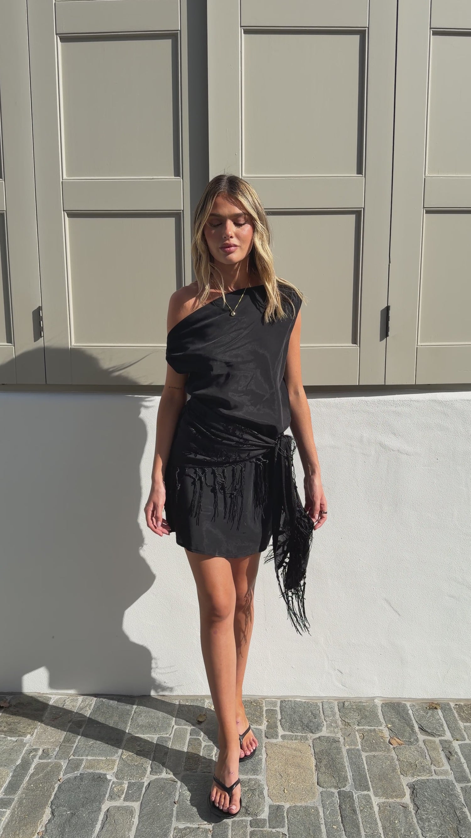 Laia Off Shoulder Mini Dress and Fringe Scarf - Black - Billy J