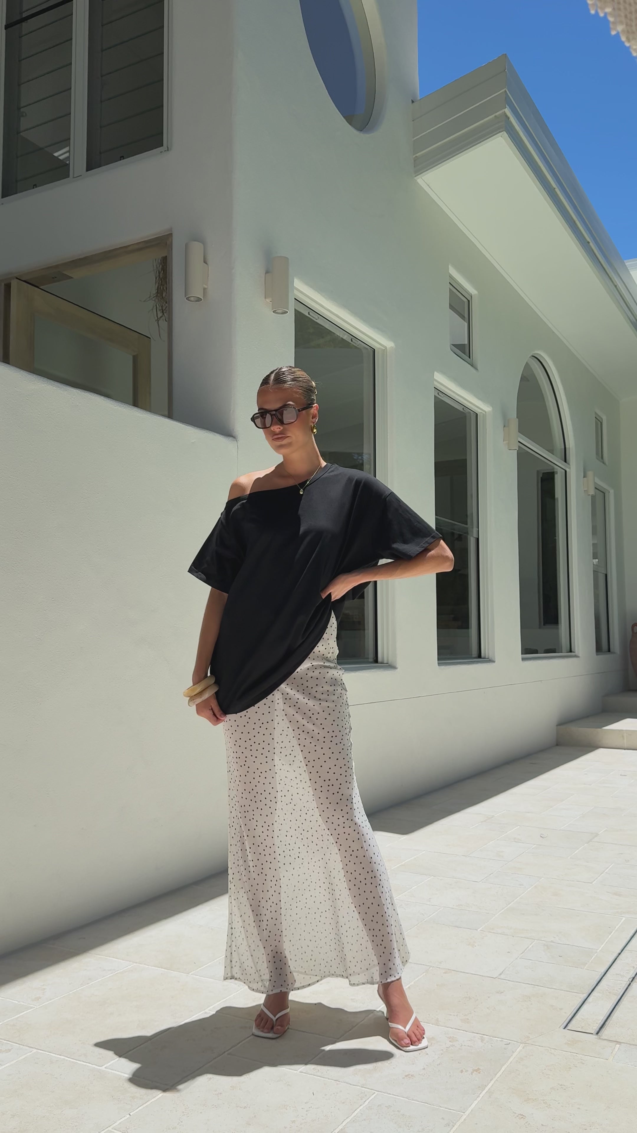 Load video: Elena Top and Maxi Skirt Set - Black/White Polka - Billy J