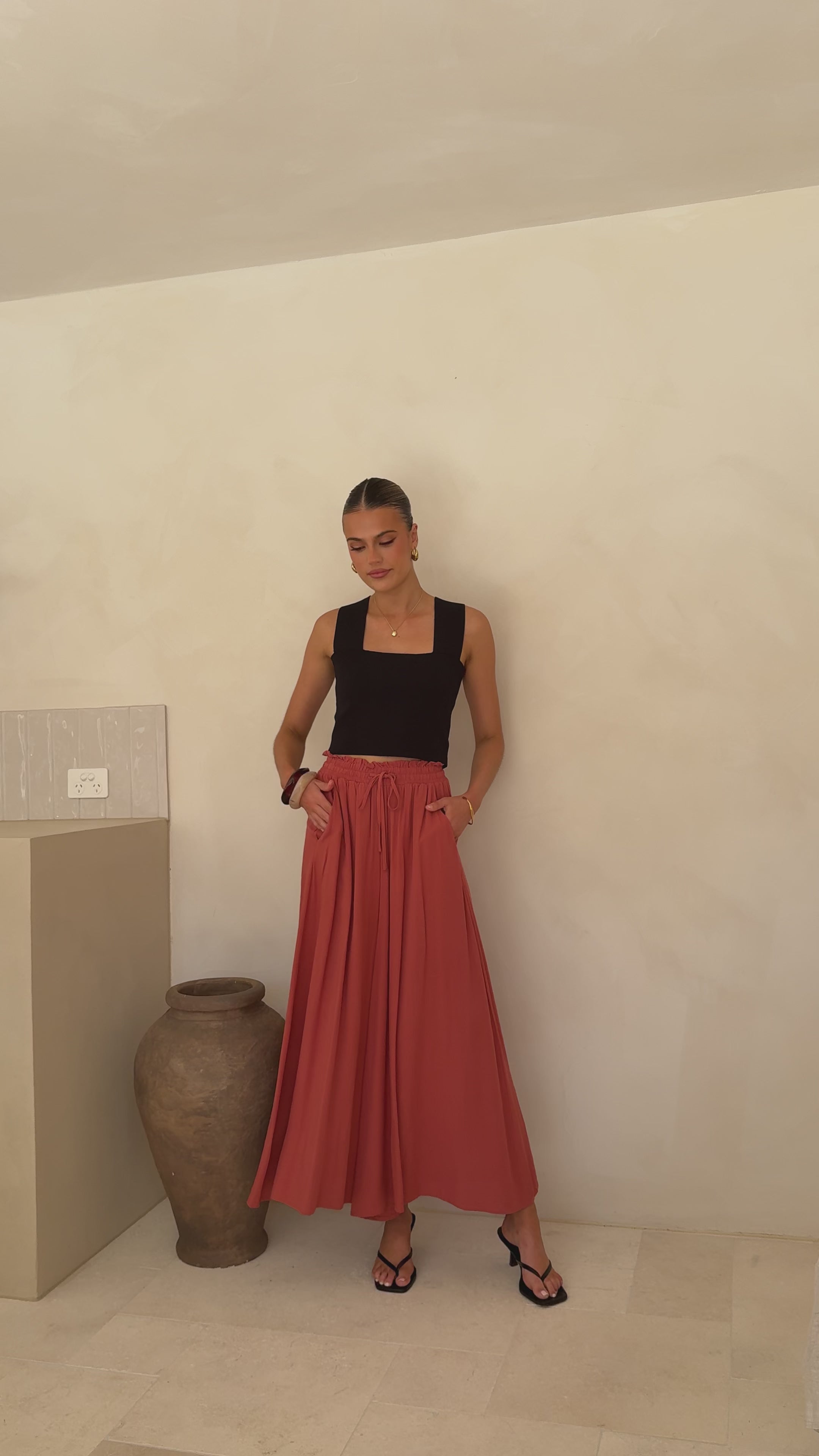 Load video: Aria Wide Leg Pants - Terracotta - Billy J