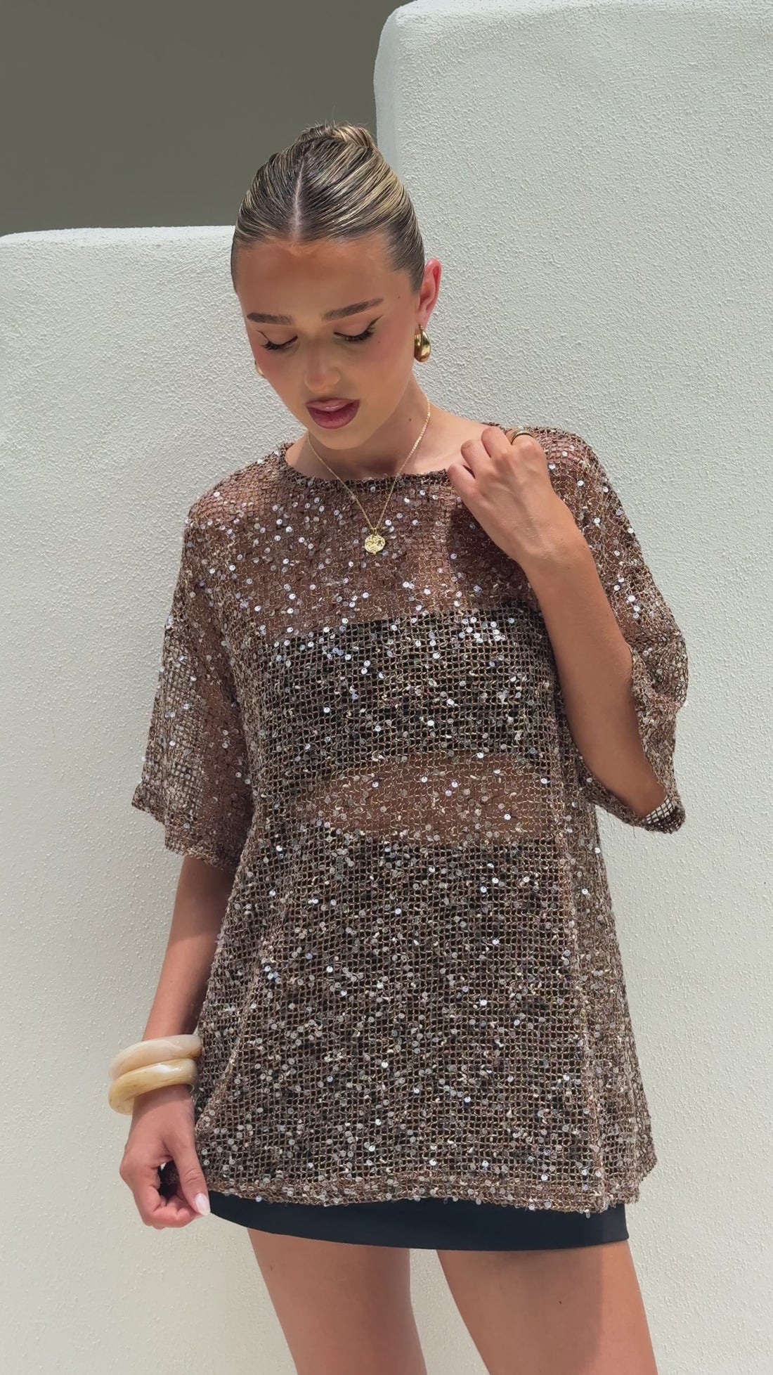 Zinnia Oversized Sequins Tee - Mocha - Billy J