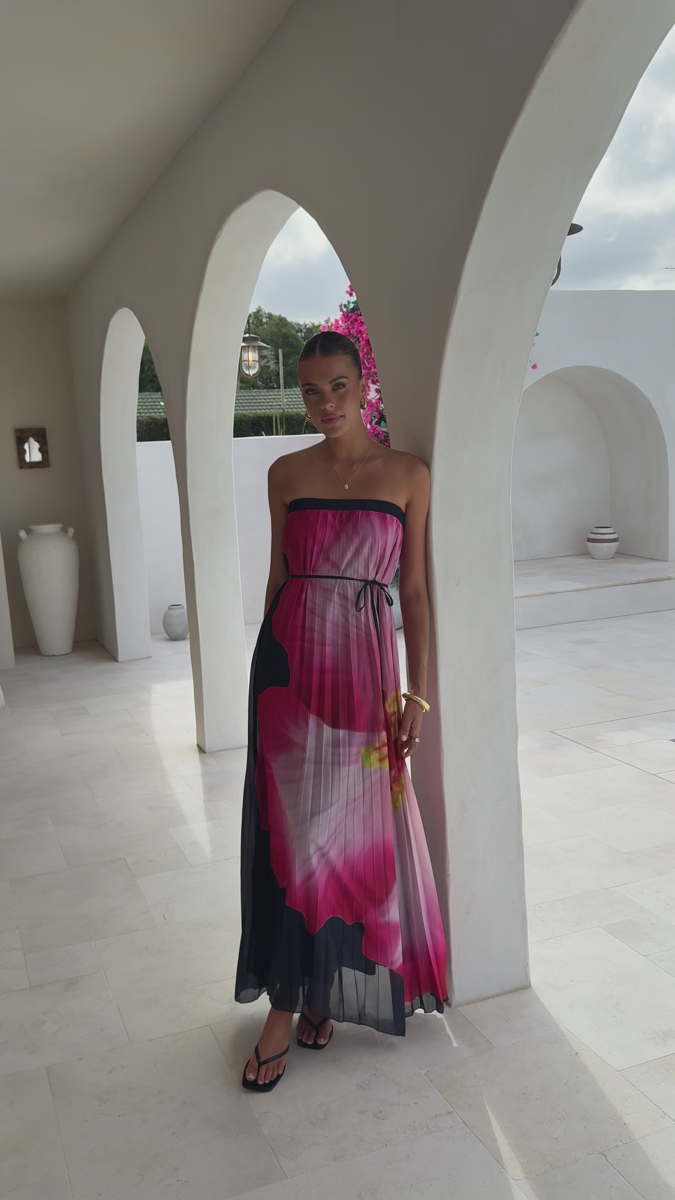 Load video: Neve Strapless Maxi Dress - Black/Pink Floral - Billy J