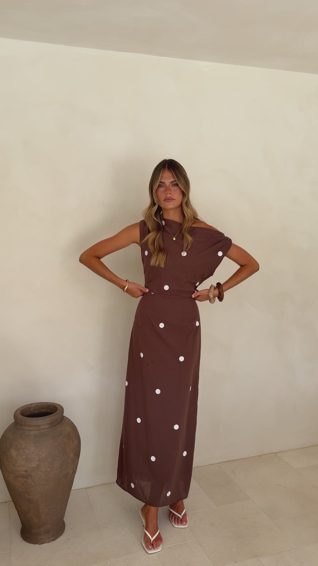 Aurra Off Shoulder Maxi Dress - Brown/White Polka - Billy J