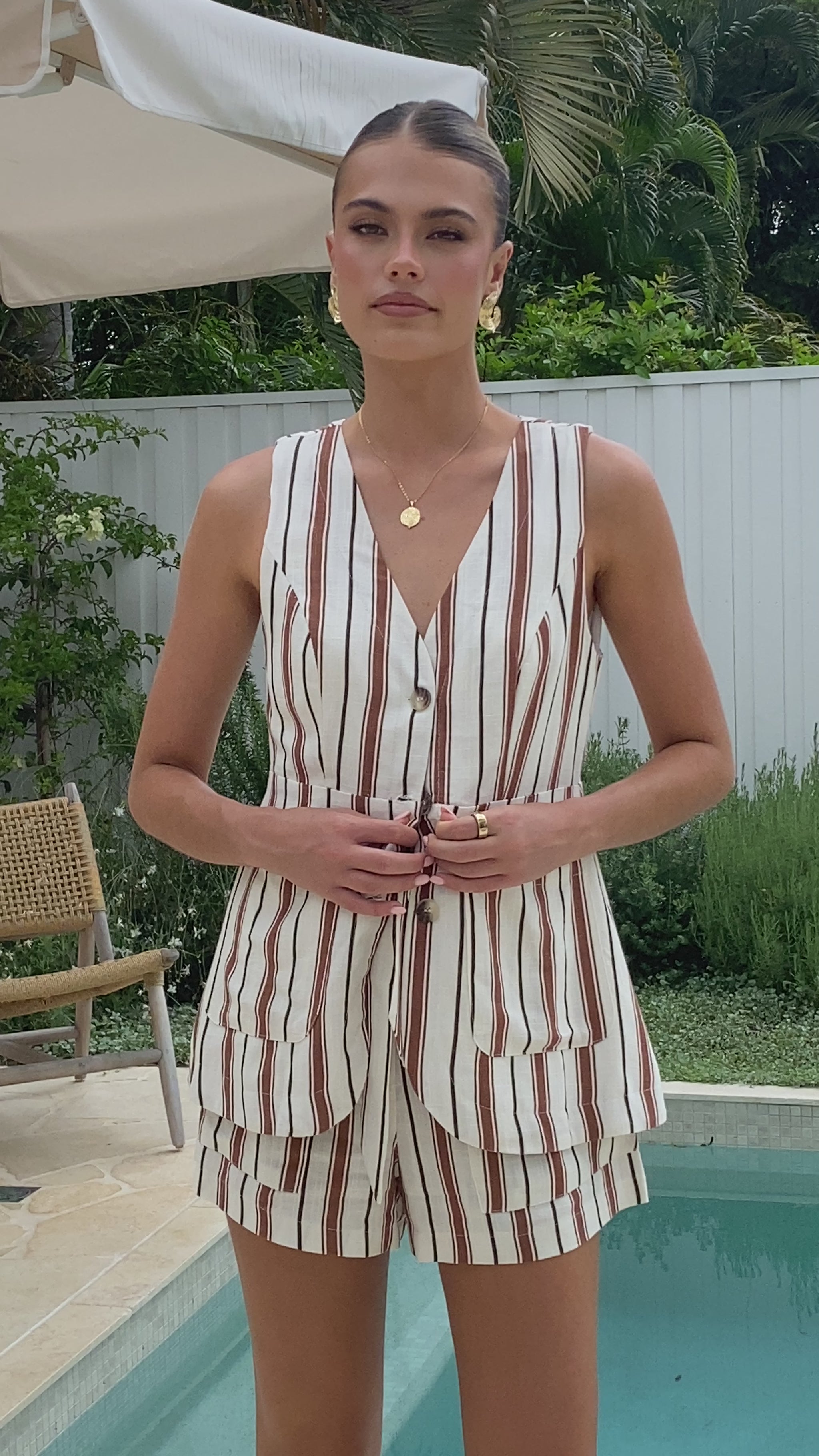 Varian Button Vest - Tan Stripe - Billy J