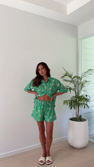 Load and play video in Gallery viewer, Charli Button Up Shirt and Shorts Set - Green Martini
