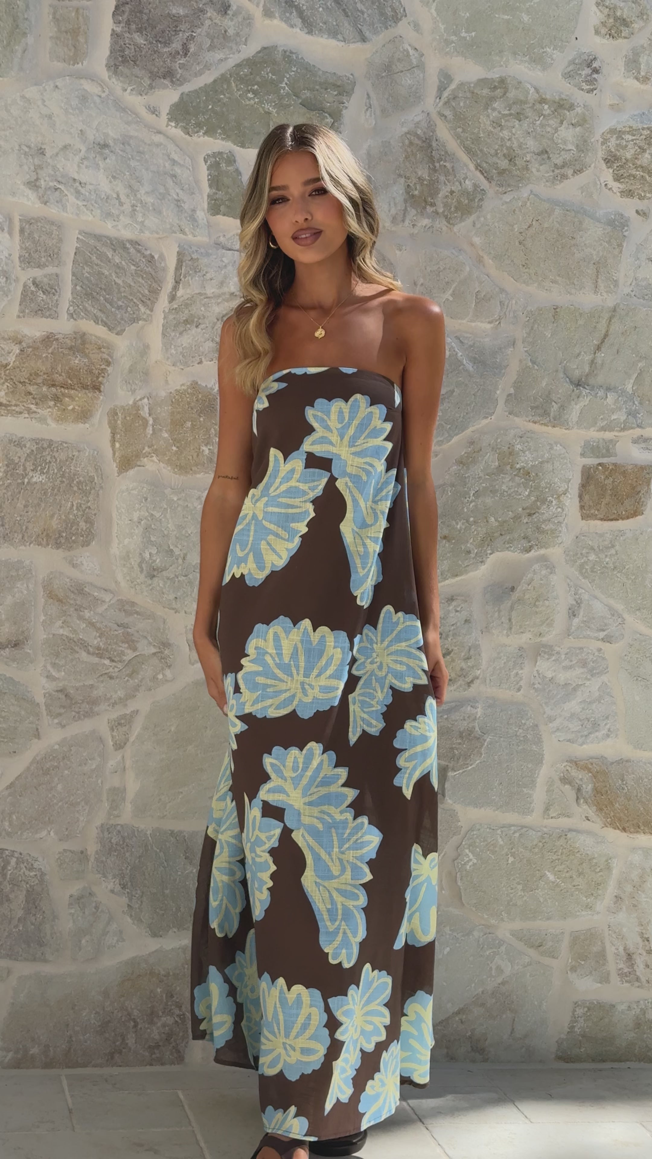 Load video: Connie Maxi Dress - Brown/Blue Floral - Billy J