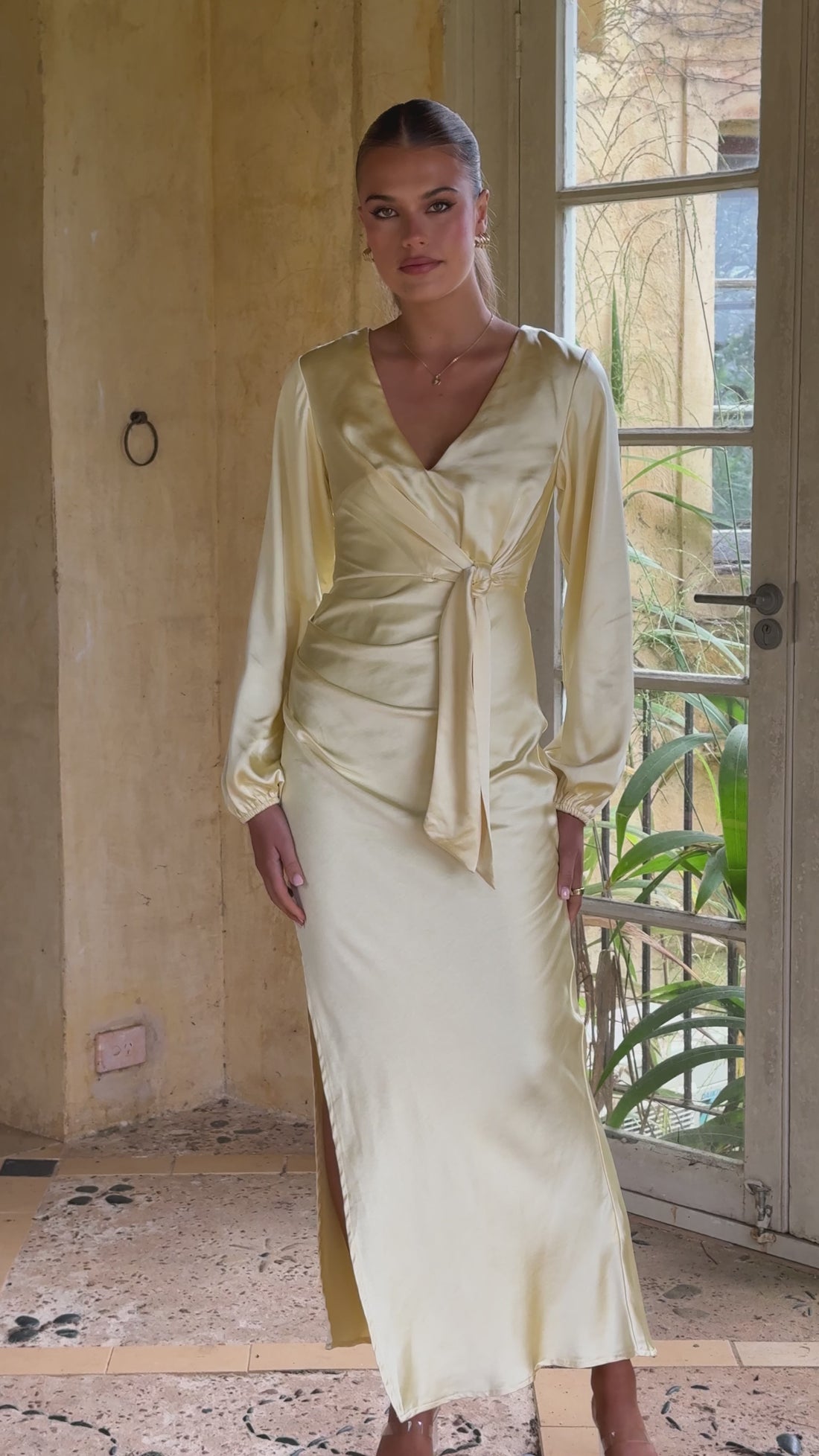 Ivy Long Sleeve Tie Front Maxi Dress - Yellow - Billy J