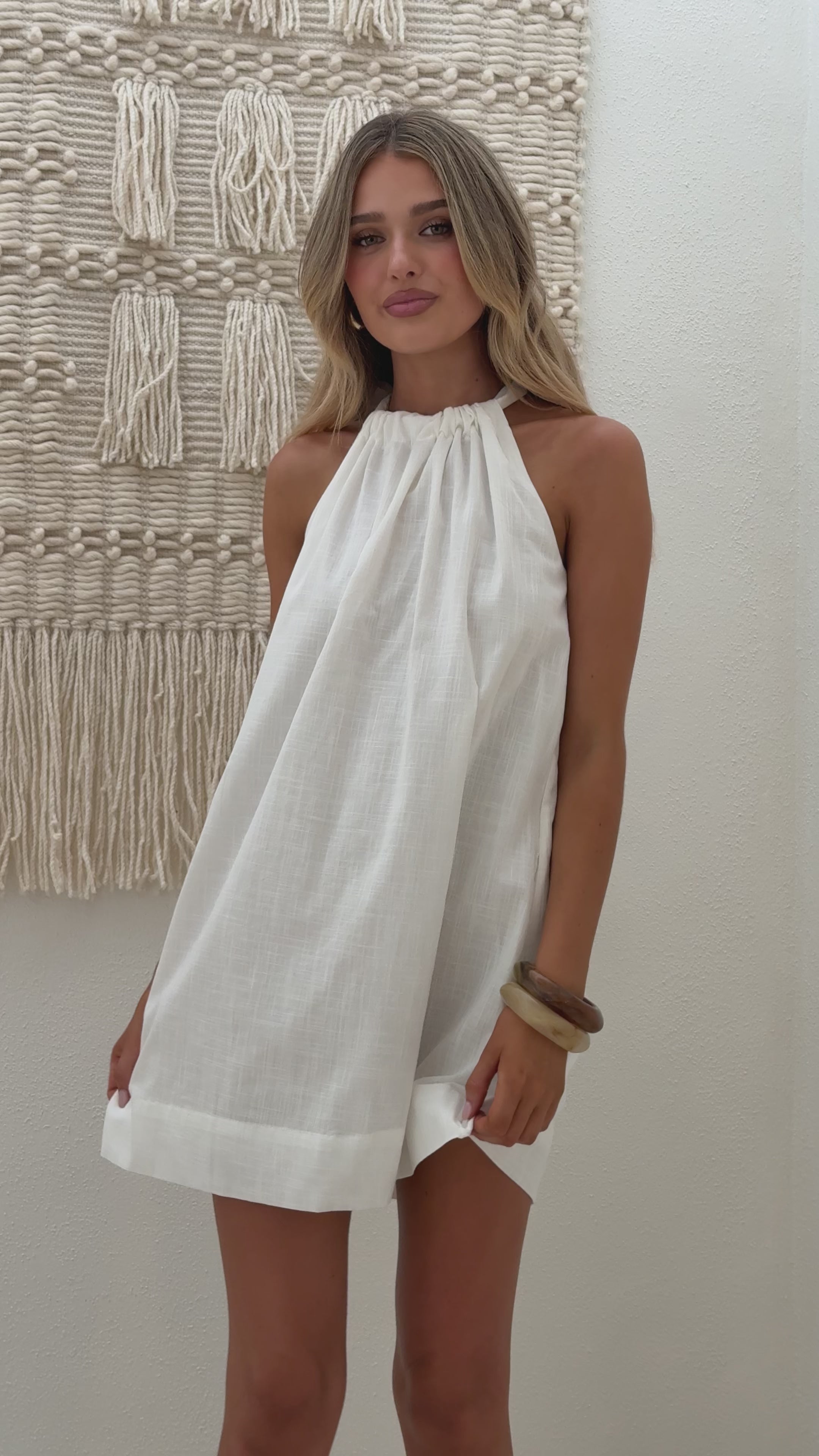 Load video: Demy Halter Mini Dress - White - Billy J