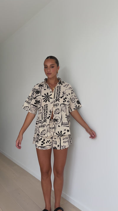 Load and play video in Gallery viewer, Charli Button Up Shirt and Shorts - Black/Cream Print
