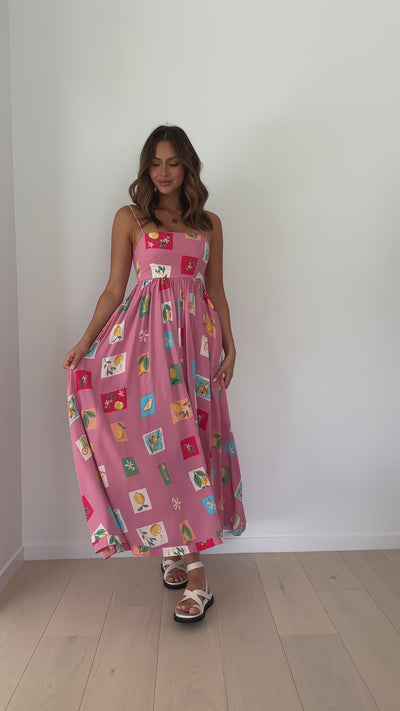 Load and play video in Gallery viewer, Idoya Maxi Dress - Pink / Lemon Print
