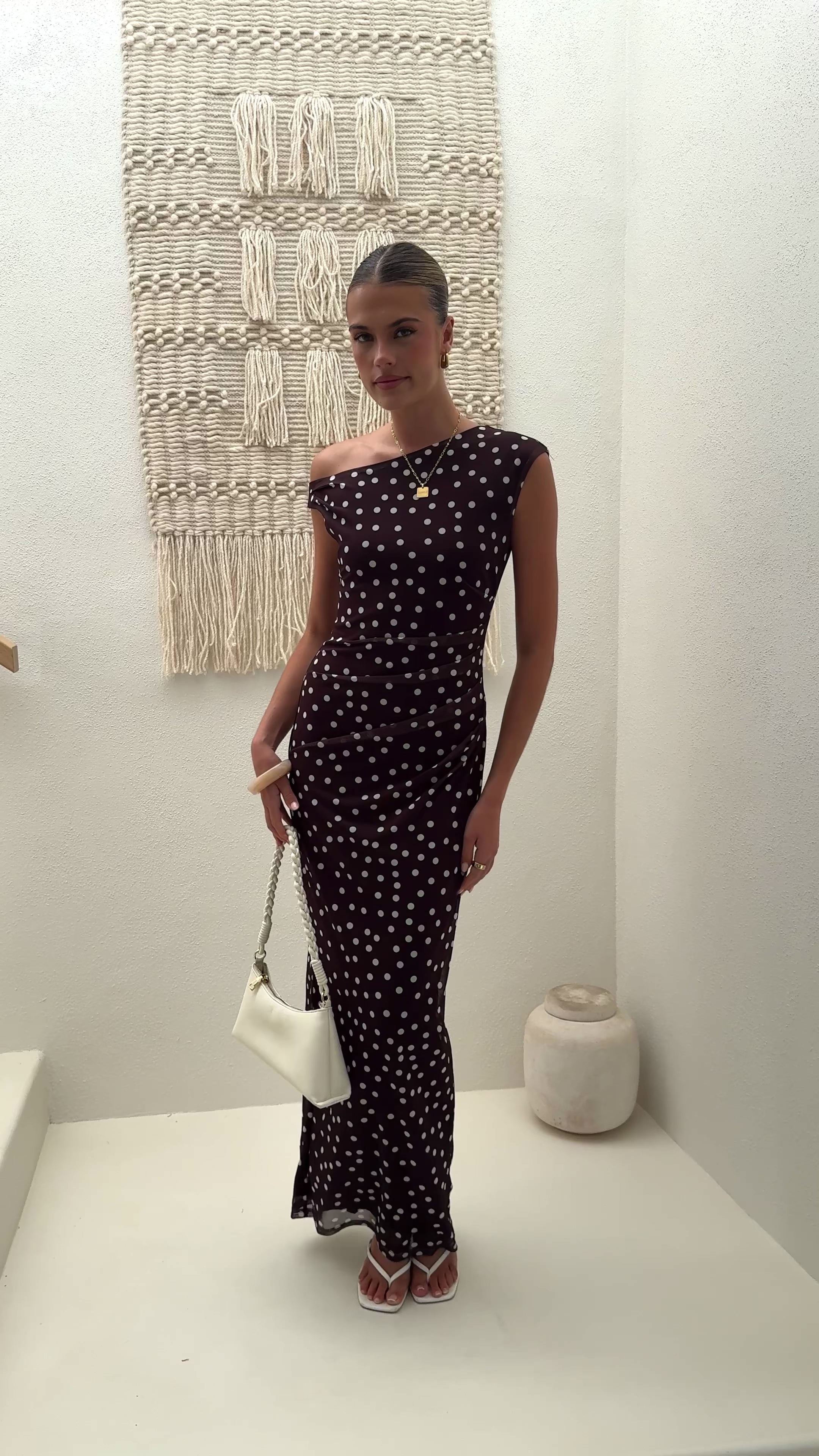 Load video: Lilani Maxi Dress - Chocolate/White Polka Dot - Billy J