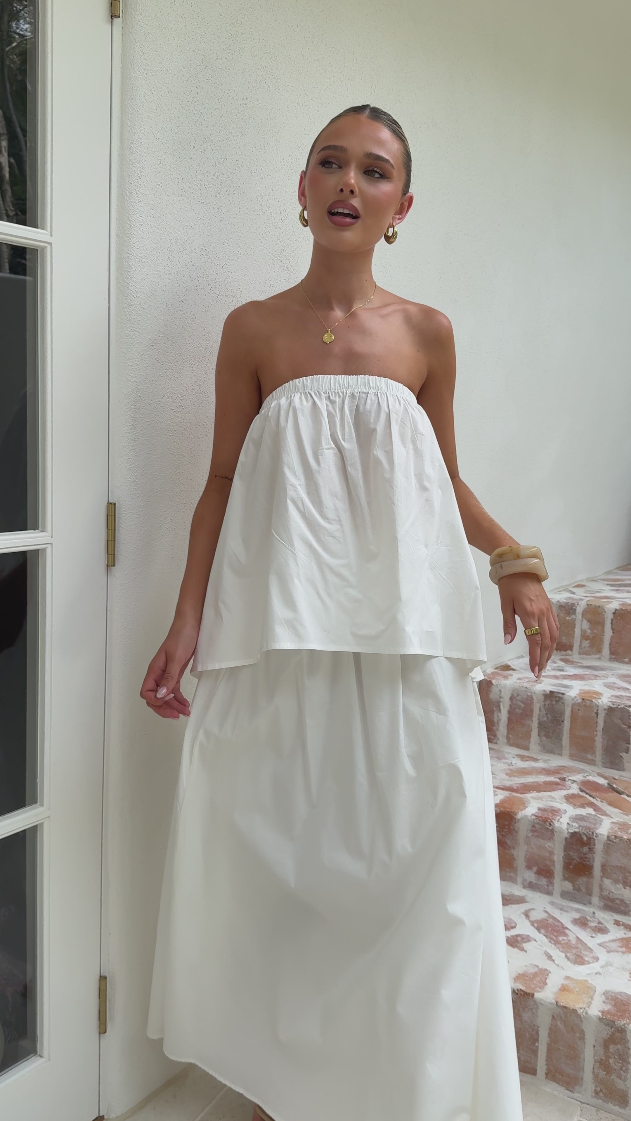 Load video: Makala Strapless Top and Maxi Skirt Set - White - Billy J
