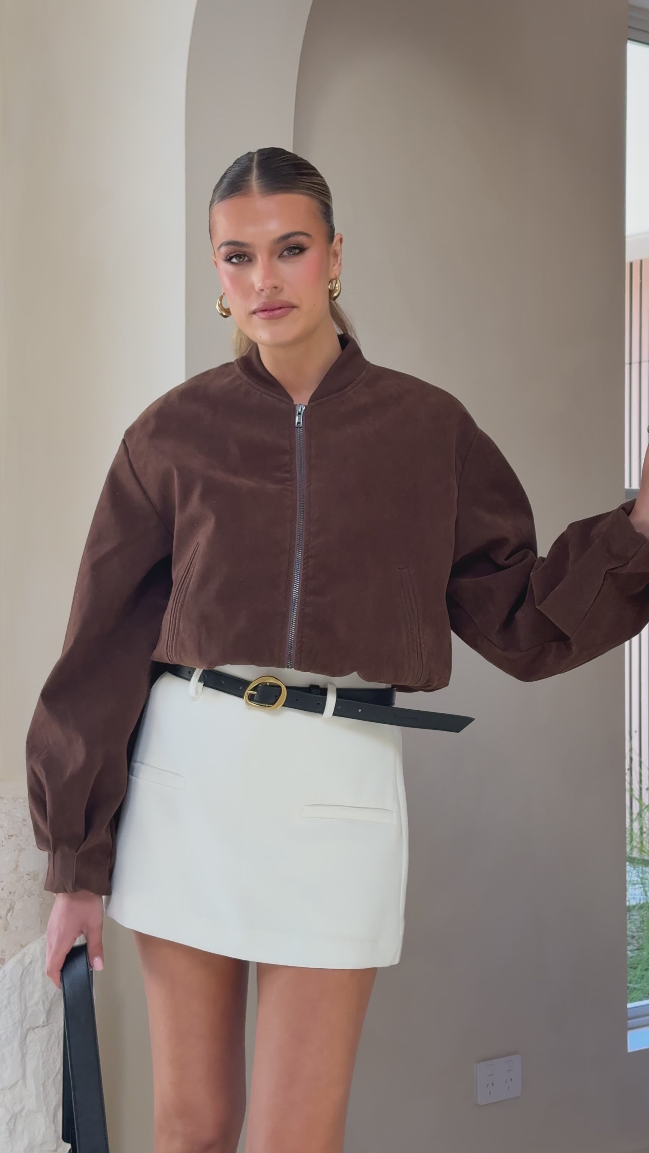 Load video: Sloane Bomber Jacket - Dark Chocolate - Billy J