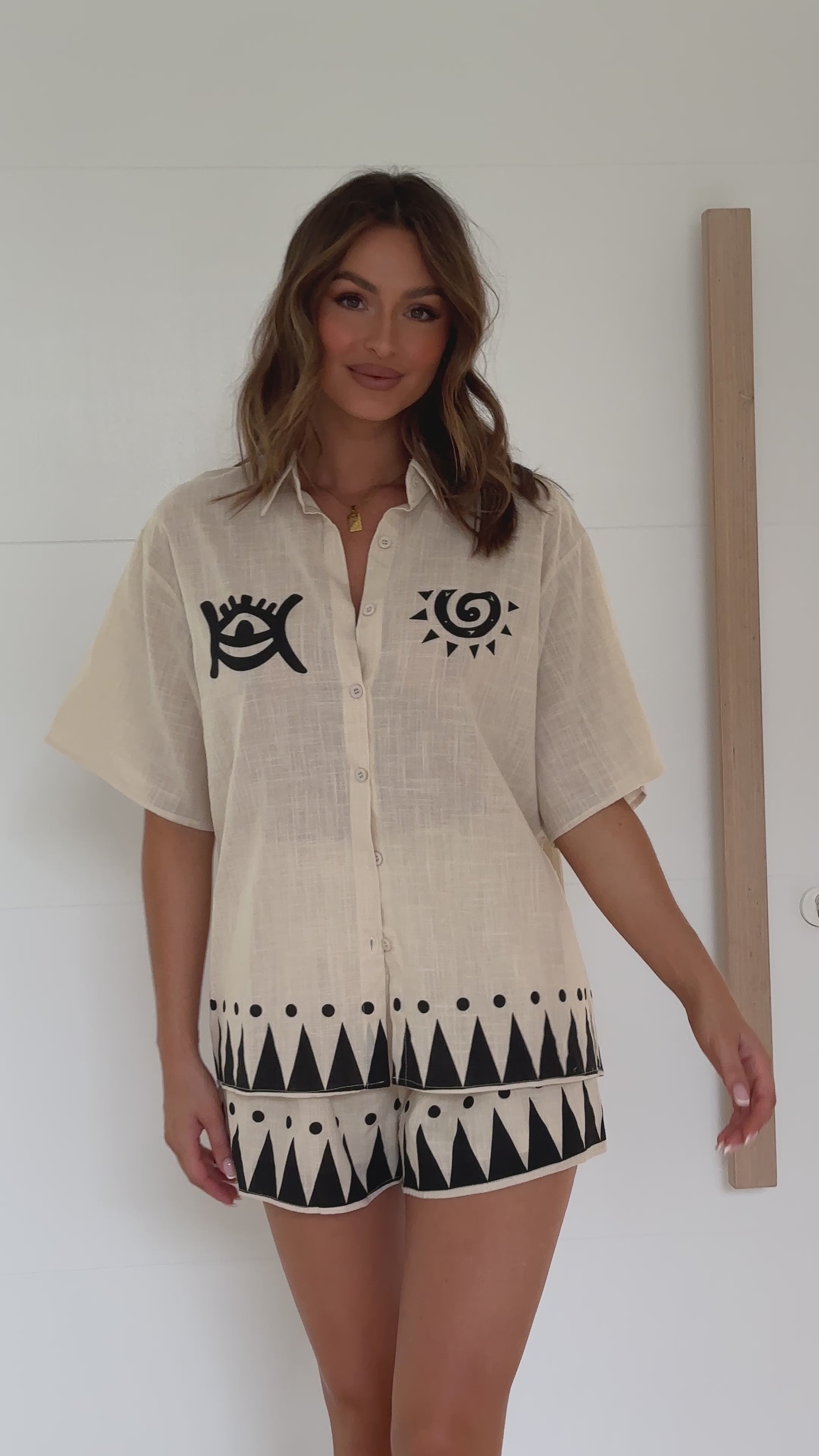 Angie Button Up Shirt and Shorts Set - Beige/Black Snake