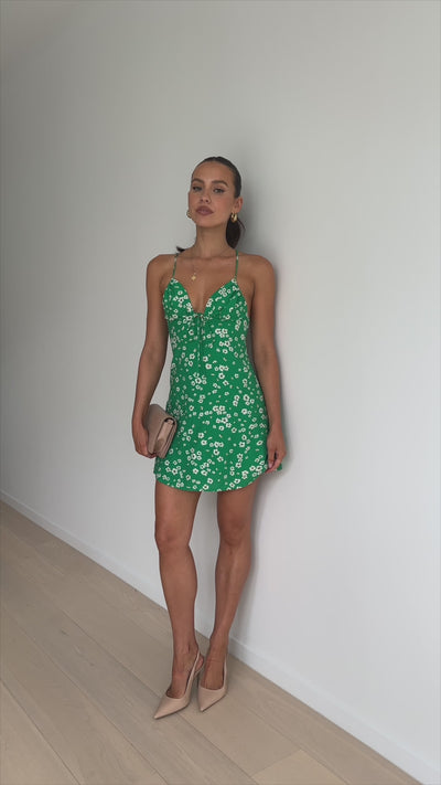 Load and play video in Gallery viewer, Coco Mini Dress - Green / White Floral
