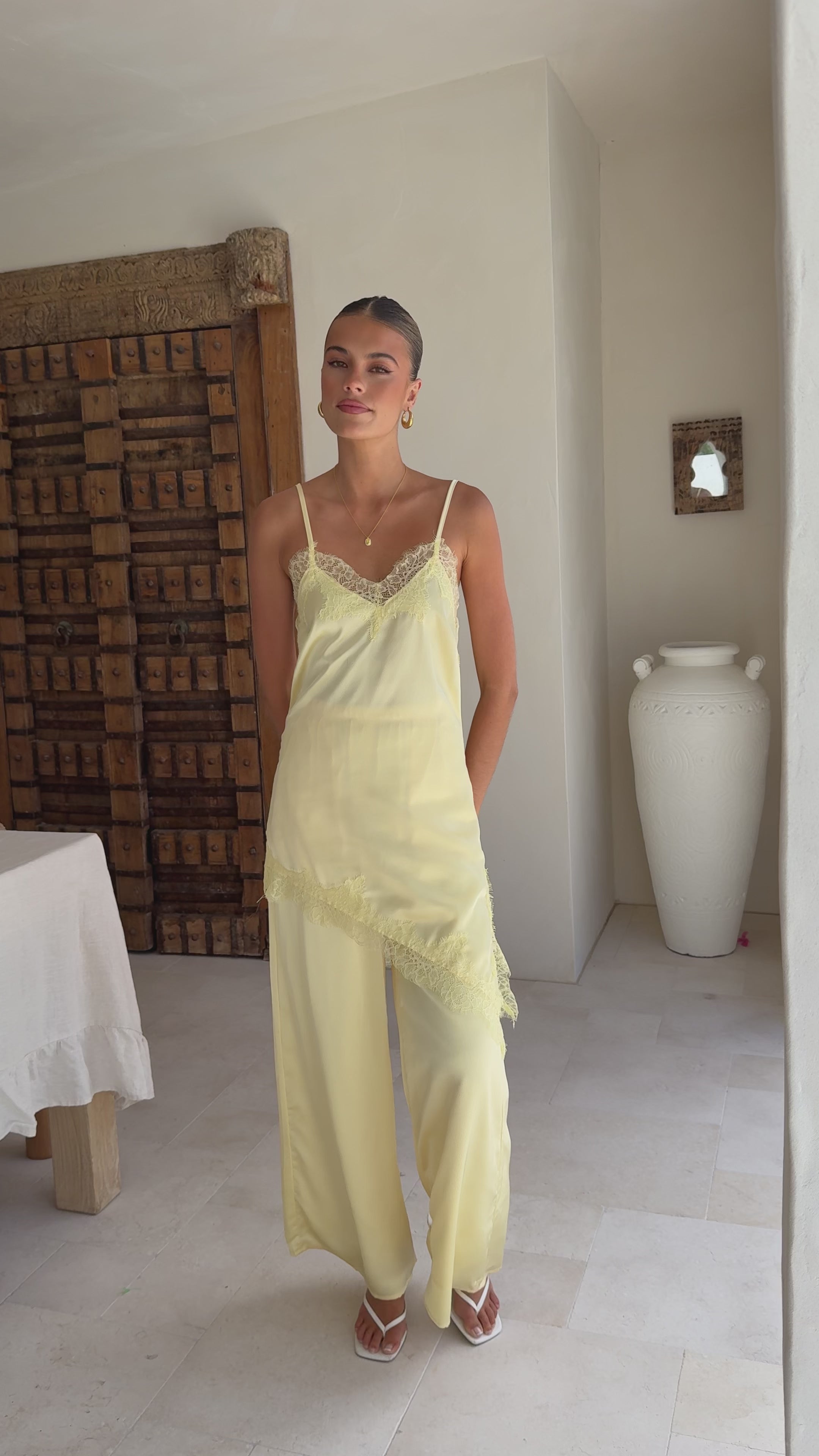 Load video: Hayleigh Asymmetrical Top and Pants Set - Yellow/Lace - Billy J