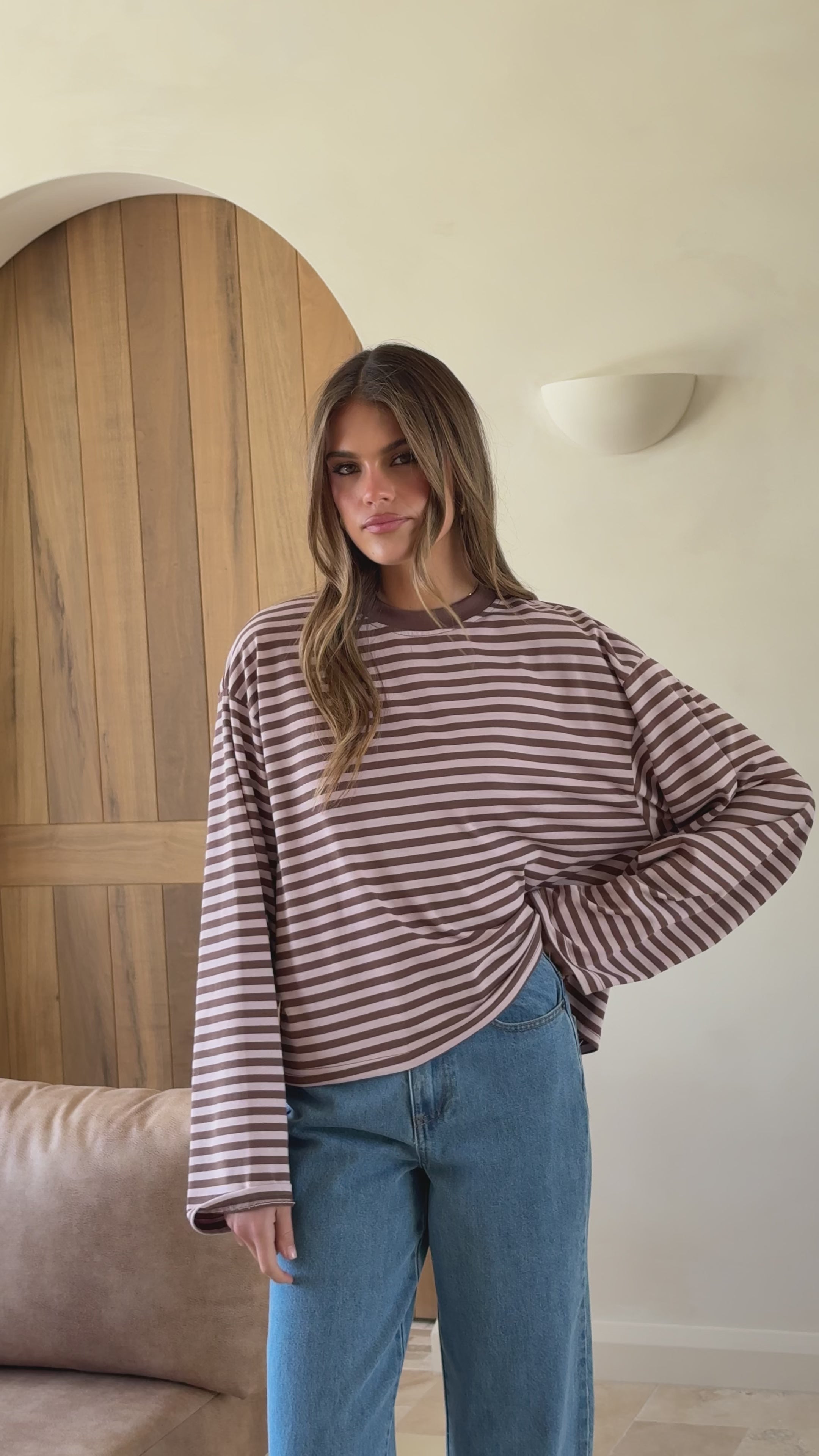 Load video: Solana Long Sleeve Top - Pink/Choc Stripe - Billy J