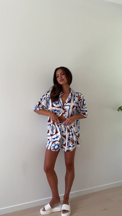 Load and play video in Gallery viewer, Charli Button Up Shirt and Shorts Set - Blue / Brown Satin
