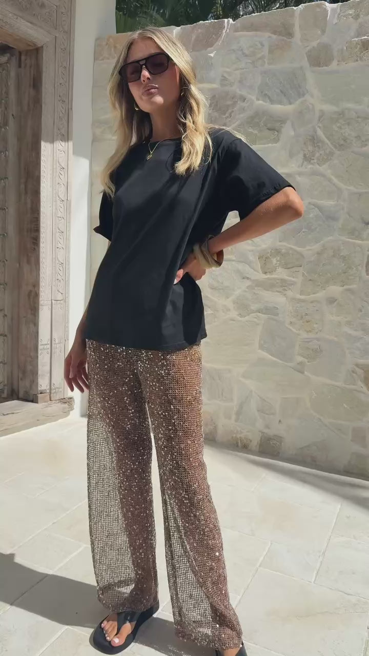 Load video: Zinnia Sequins Pant - Mocha - Billy J