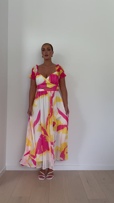 Load and play video in Gallery viewer, Yara Maxi Dress - Pink / Yellow Print
