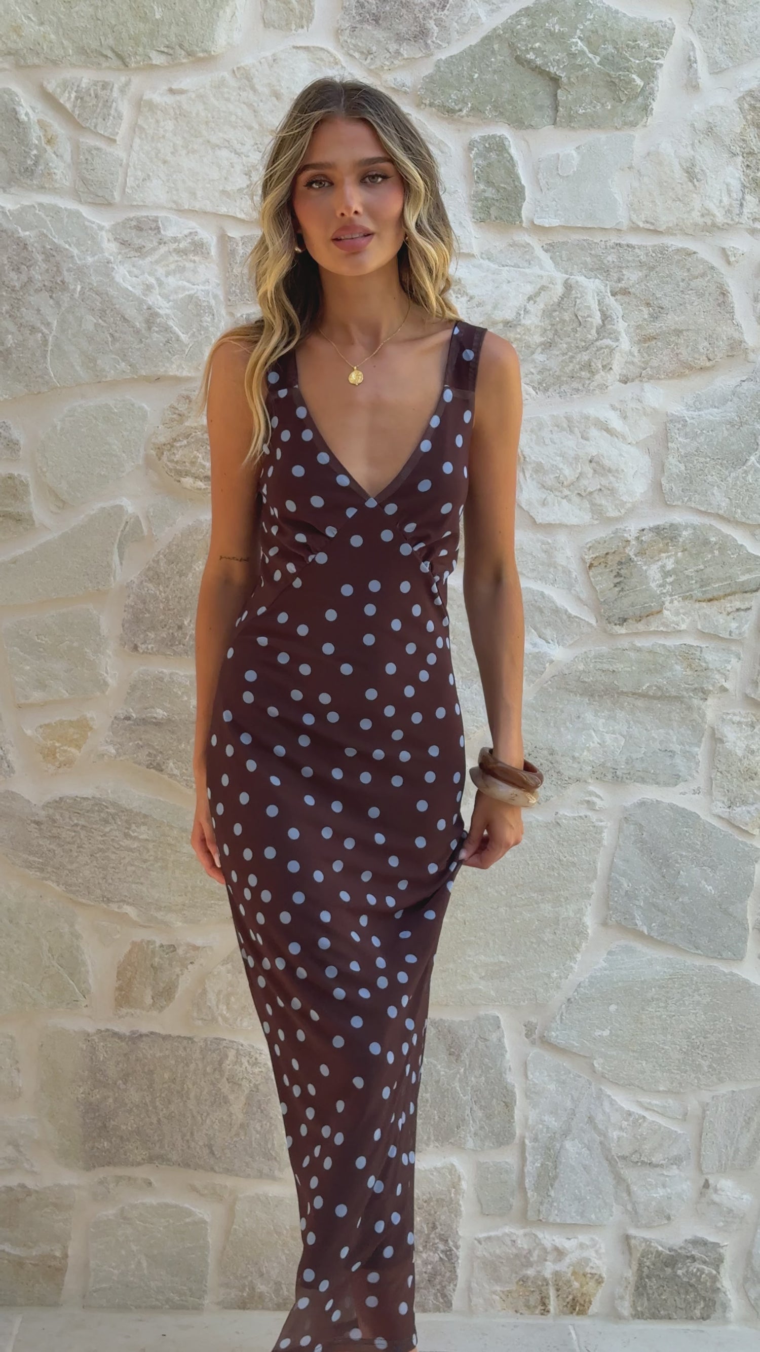 Cassara Maxi Dress - Chocolate / Blue Polka Dot - Billy J