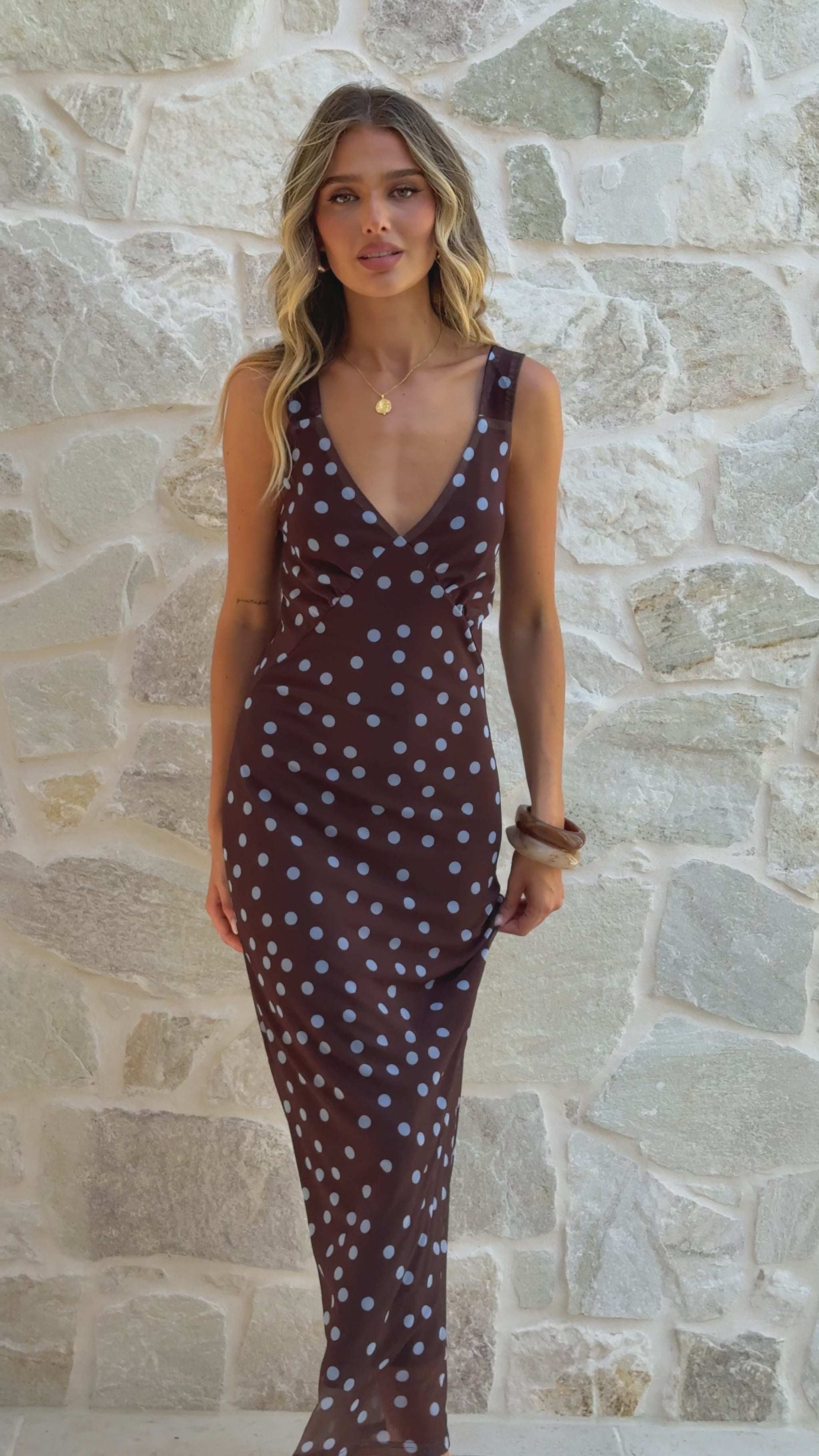Cassara Maxi Dress - Chocolate / Blue Polka Dot - Billy J