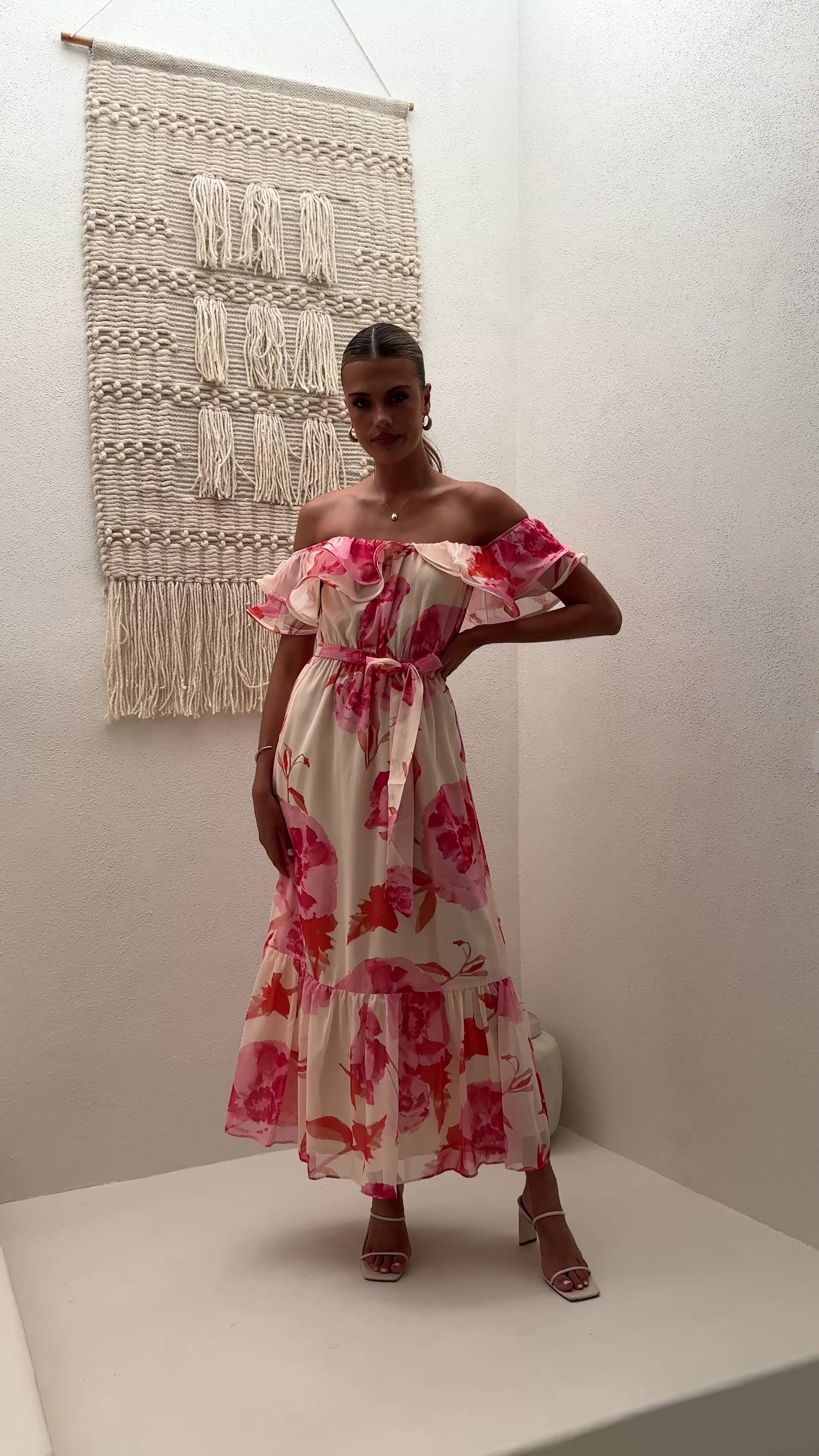 Load video: Chase Off Shoulder Maxi Dress- Pink Floral - Billy J