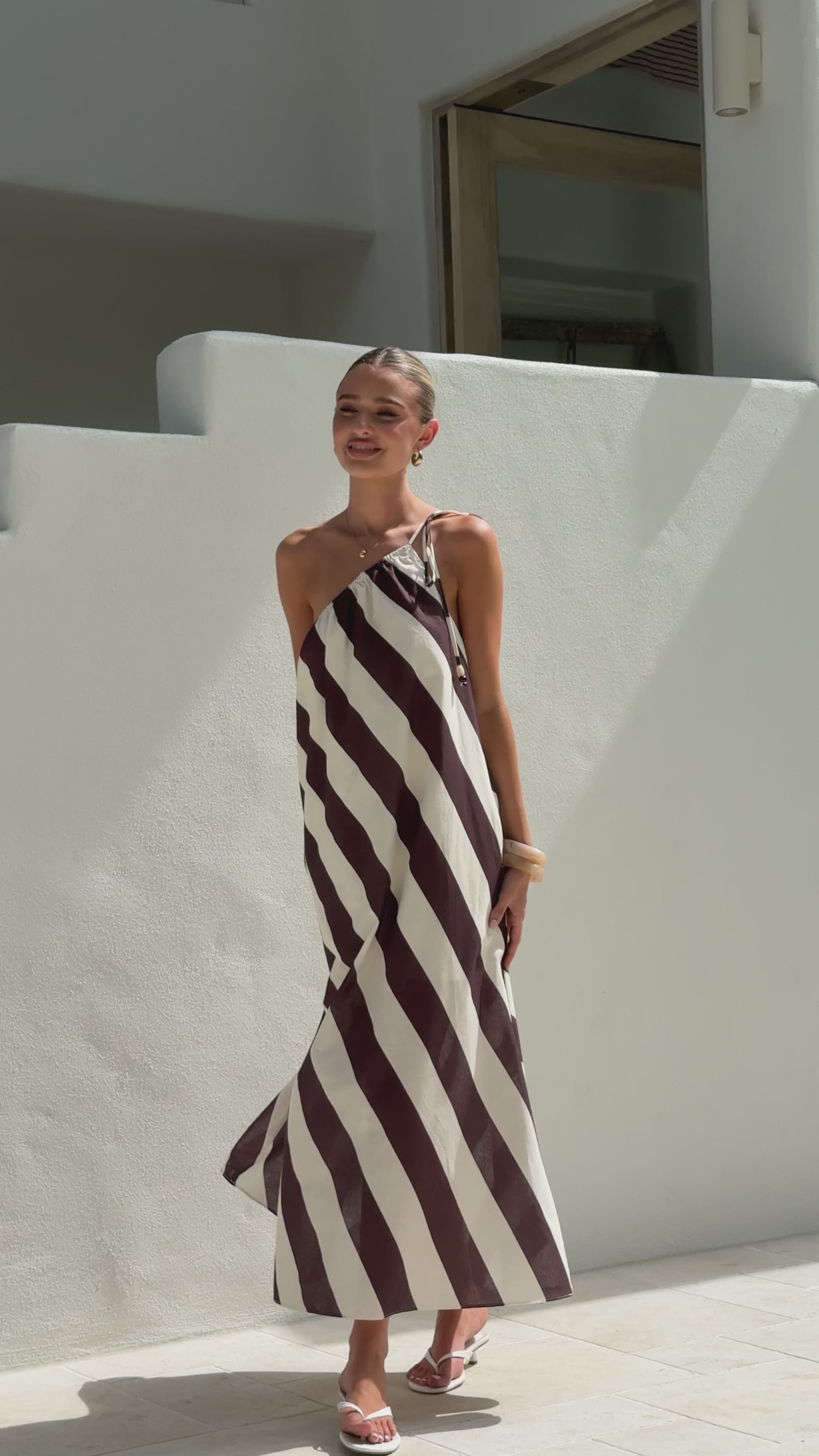Load video: Lavonne Maxi Dress - Chocolate/Cream Stripe - Billy J