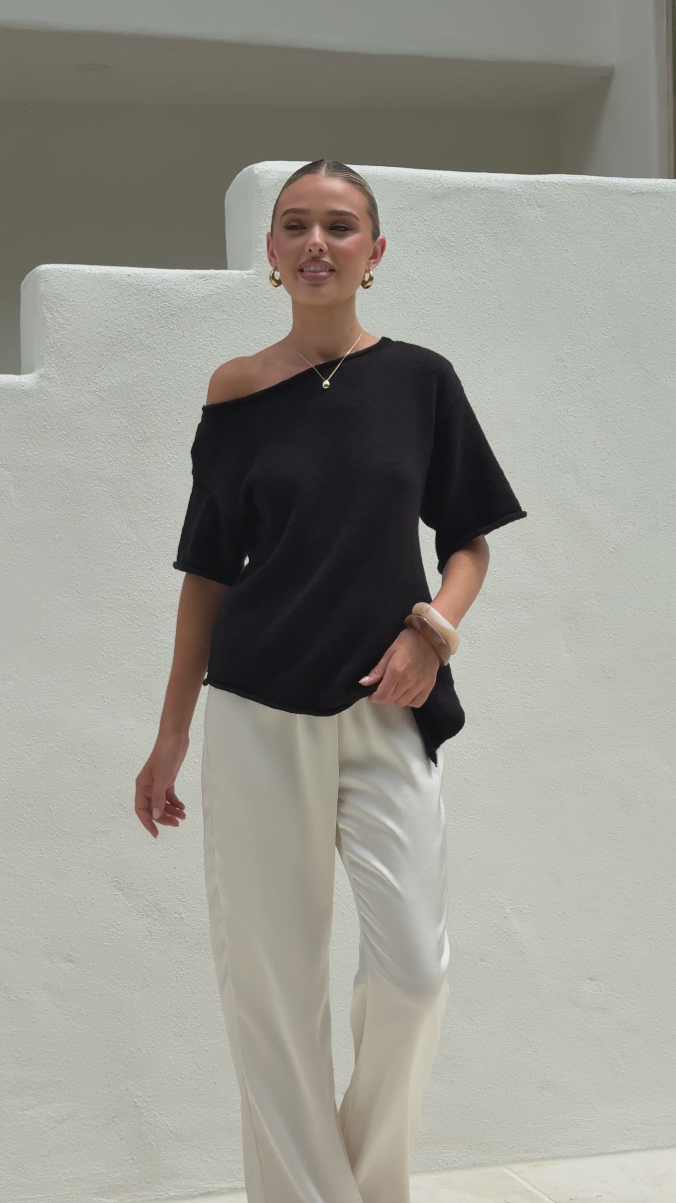 Load video: Cascadia Off Shoulder T-Shirt - Black - Billy J