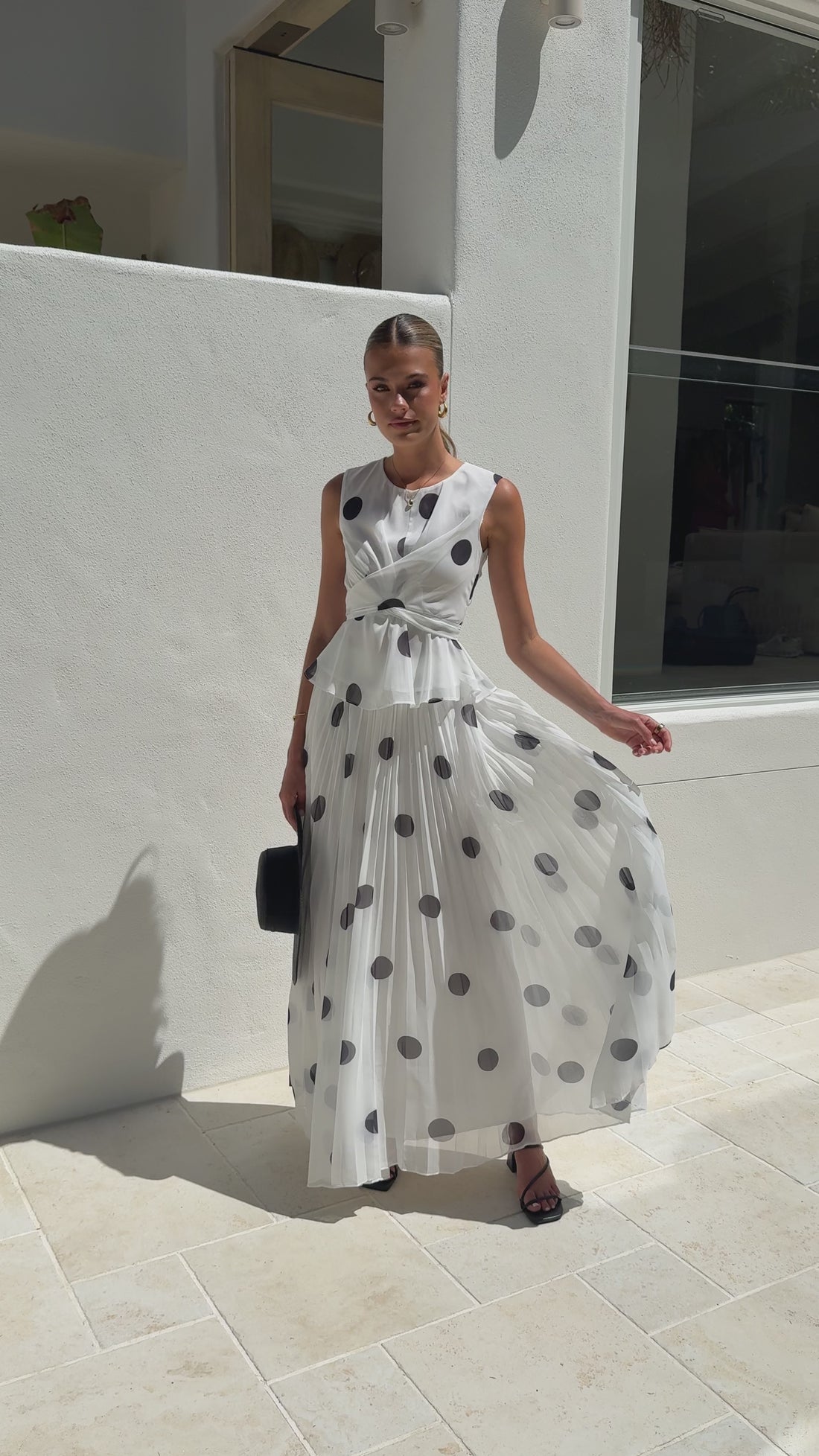 Cambree Peplum Top and Maxi Skirt Set - White / Black Polka Dot - Billy J