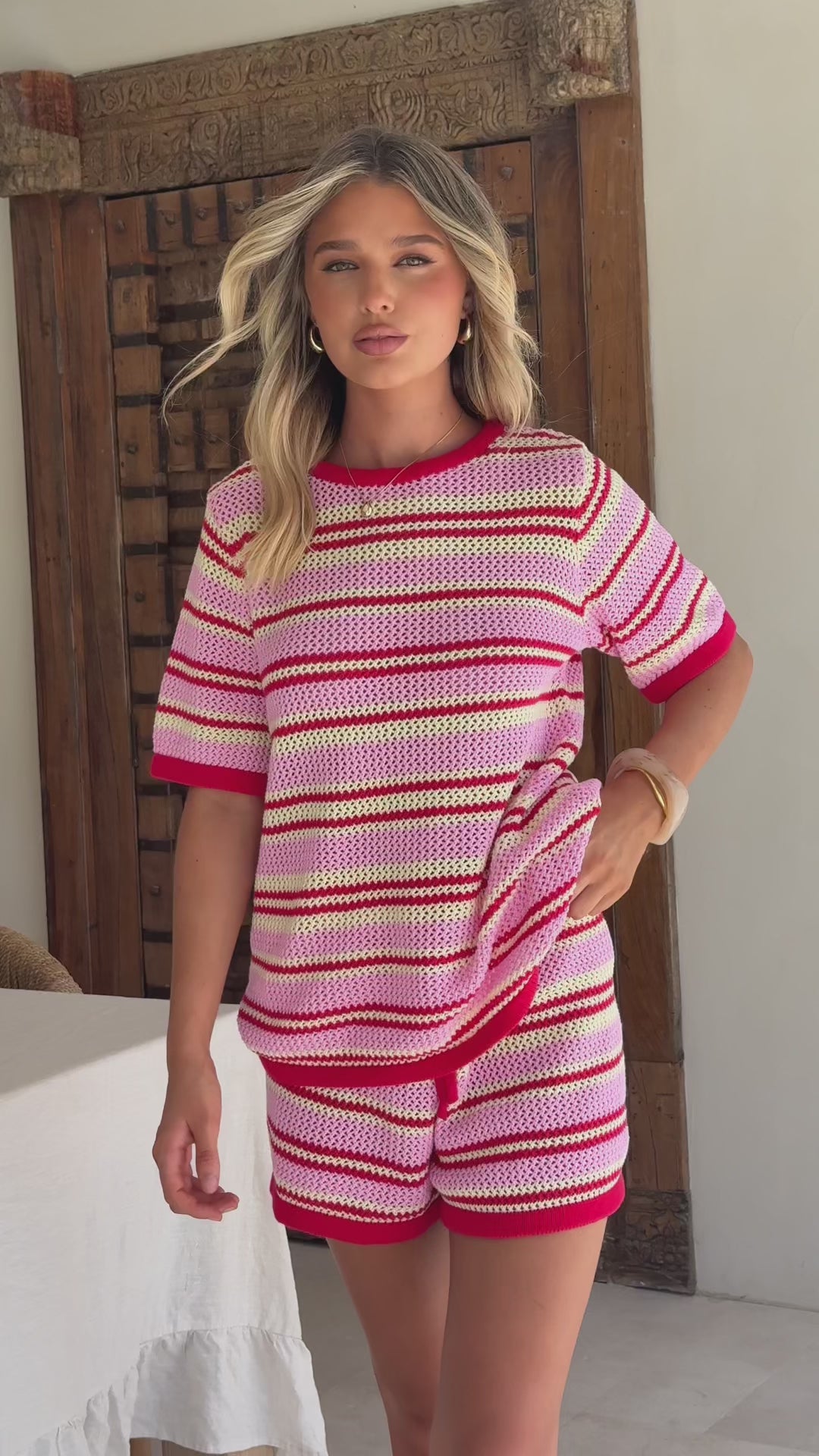 Load video: Zena Knit T-Shirt and Shorts Set - Red/Pink/Yellow Stripe - Billy J