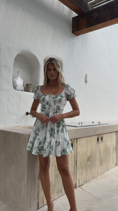 Load and play video in Gallery viewer, Malilah Mini Dress - Green/White Print

