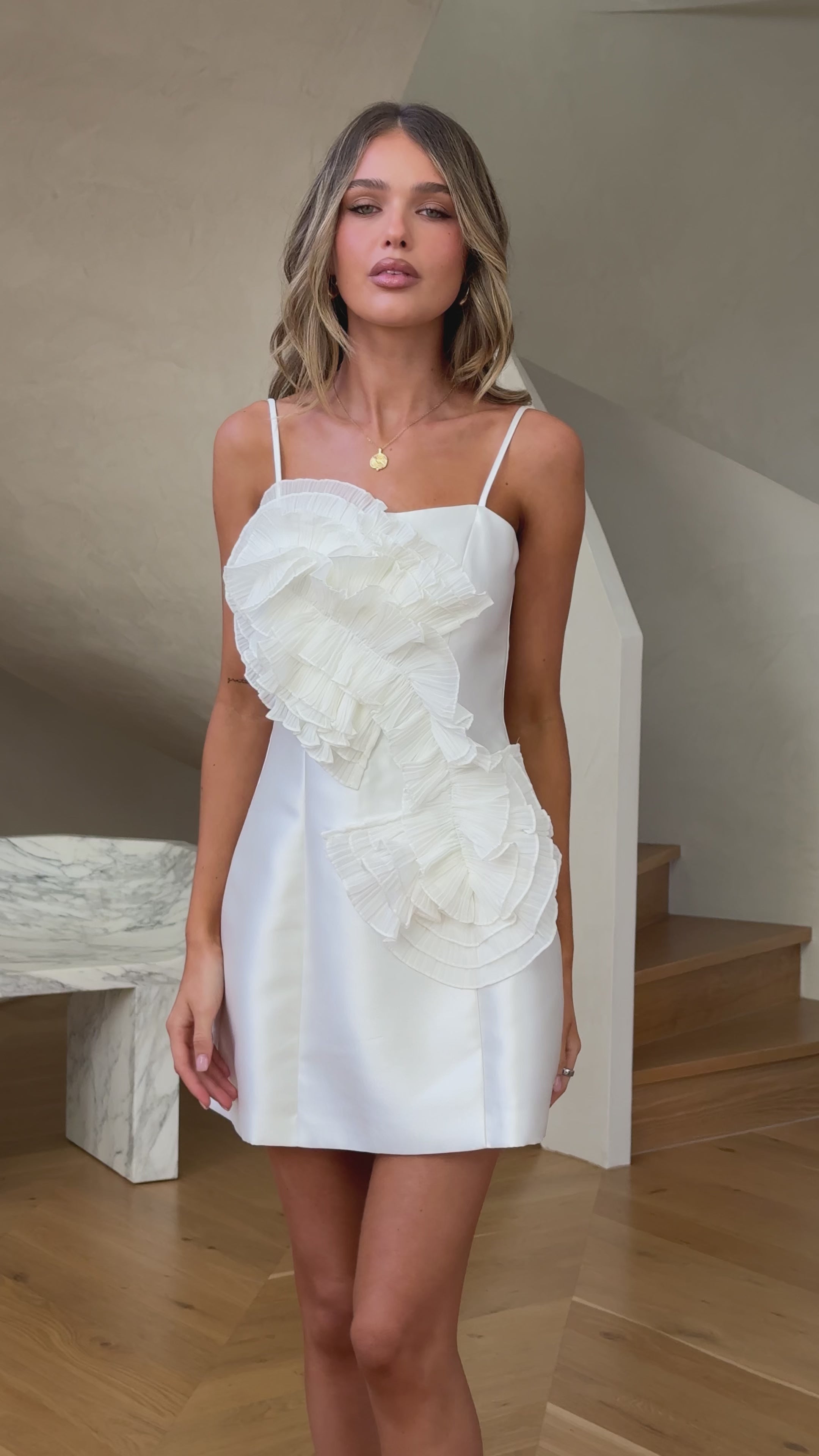 Load video: Aisha Mini Dress - White - Billy J