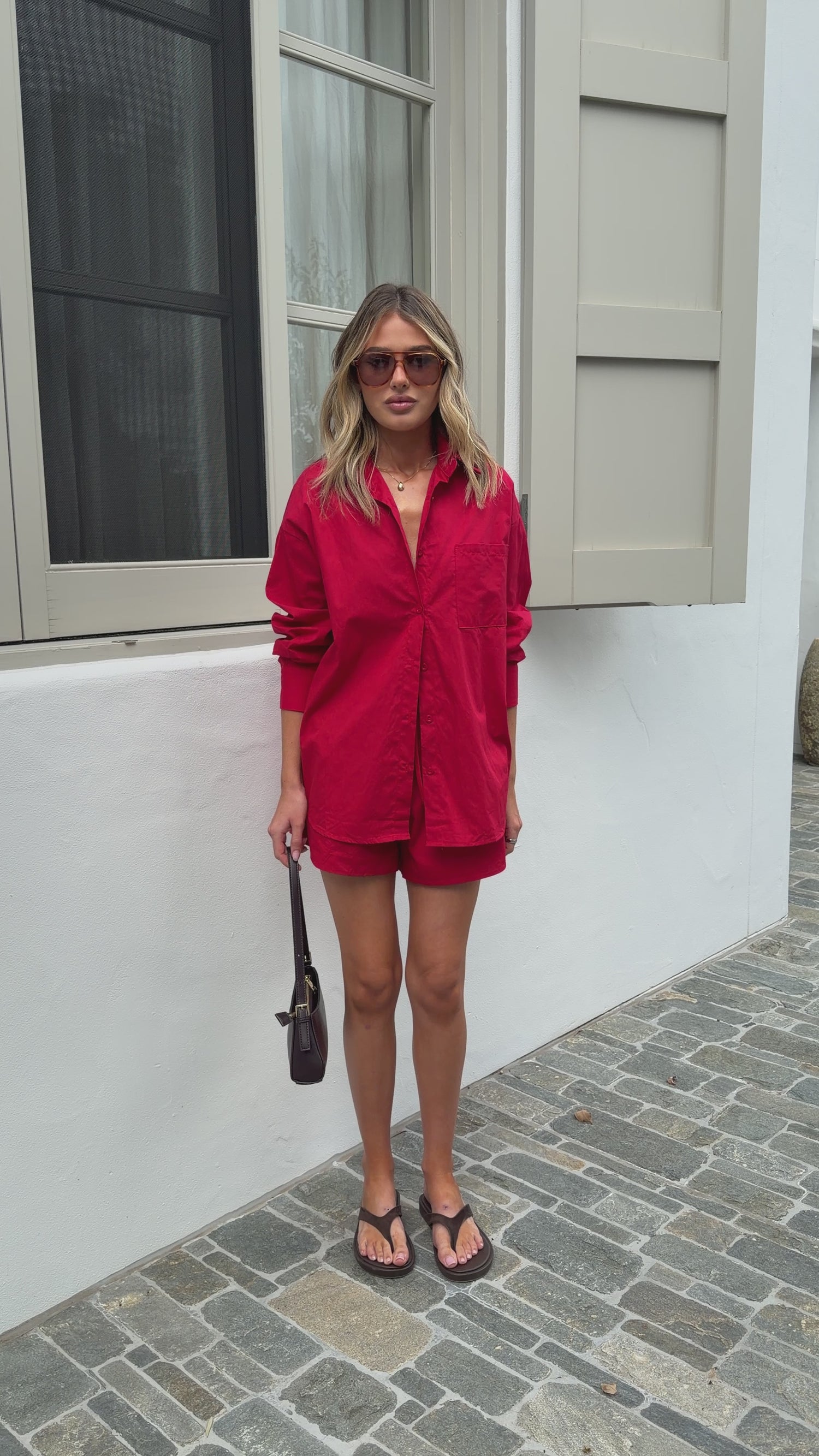 Elita Long Sleeve Button Up Shirt and Shorts Set - Red - Billy J