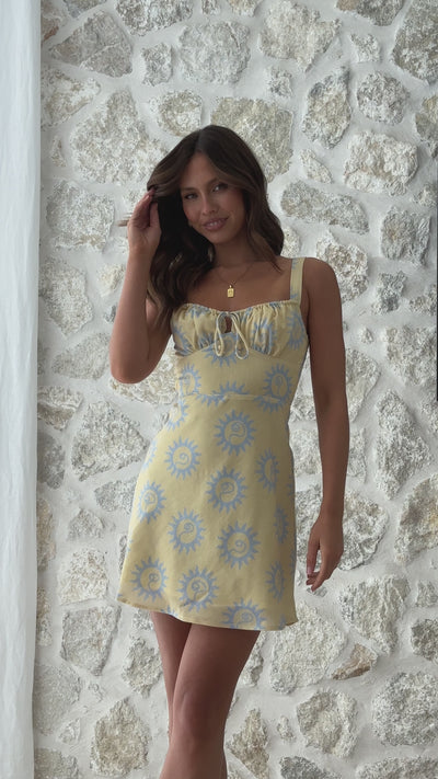 Load and play video in Gallery viewer, Dalal Mini Dress - Yellow / Blue Print
