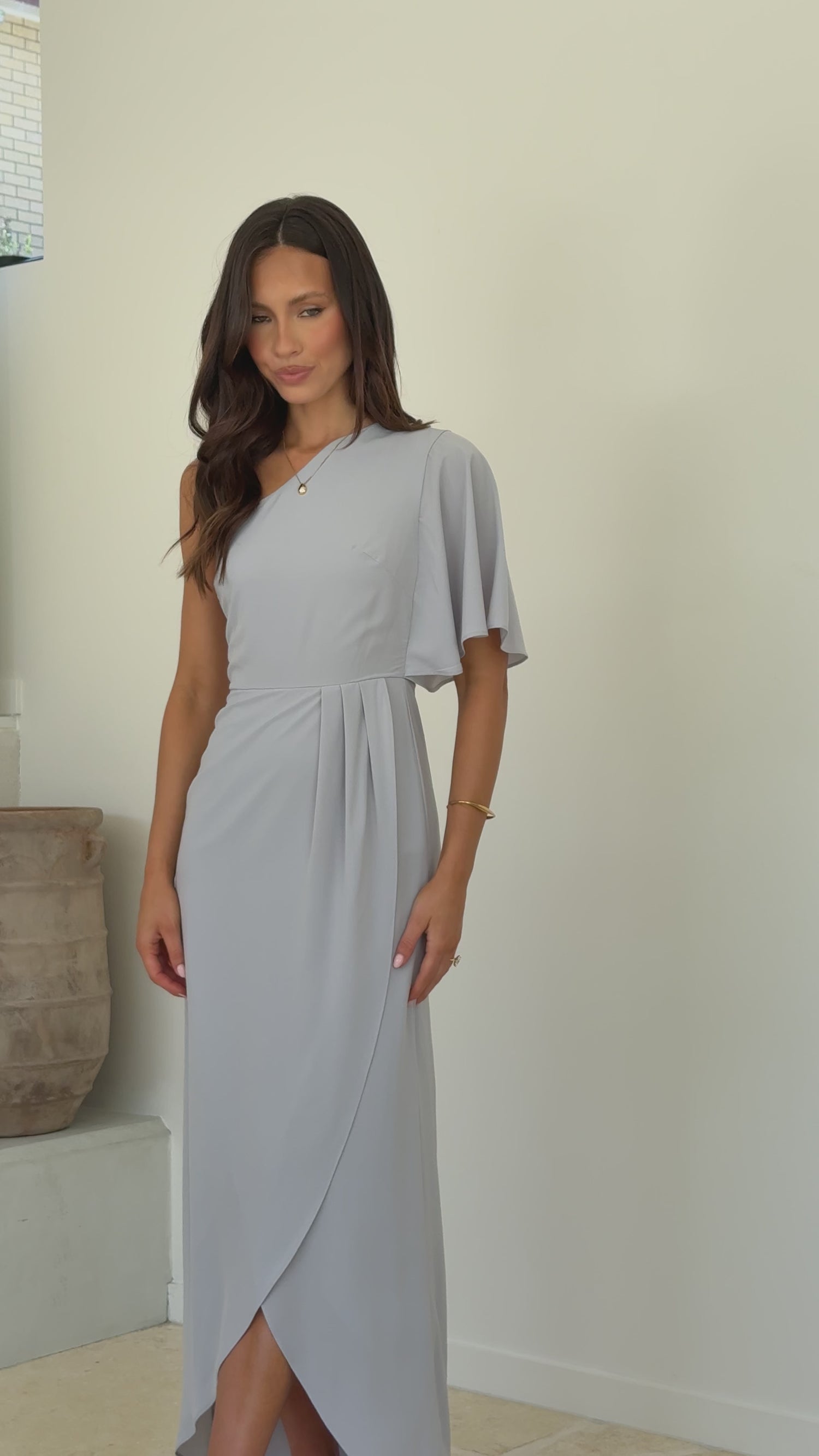 Emma One Sleeve Maxi Dress - Silver - Billy J