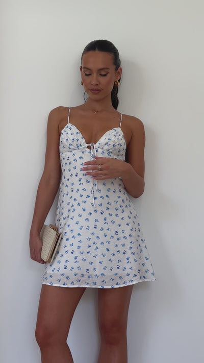 Load and play video in Gallery viewer, Coco Mini Dress - White / Blue Floral
