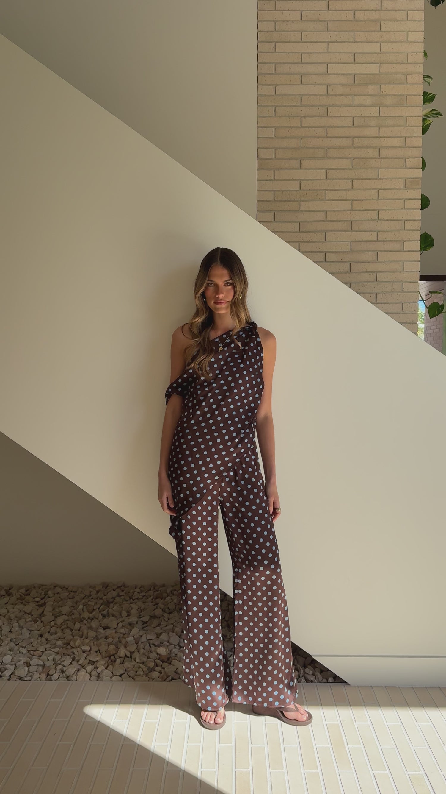 Liana Off Shoulder Top & Pants Set - Choc/Blue Polka Dot - Billy J
