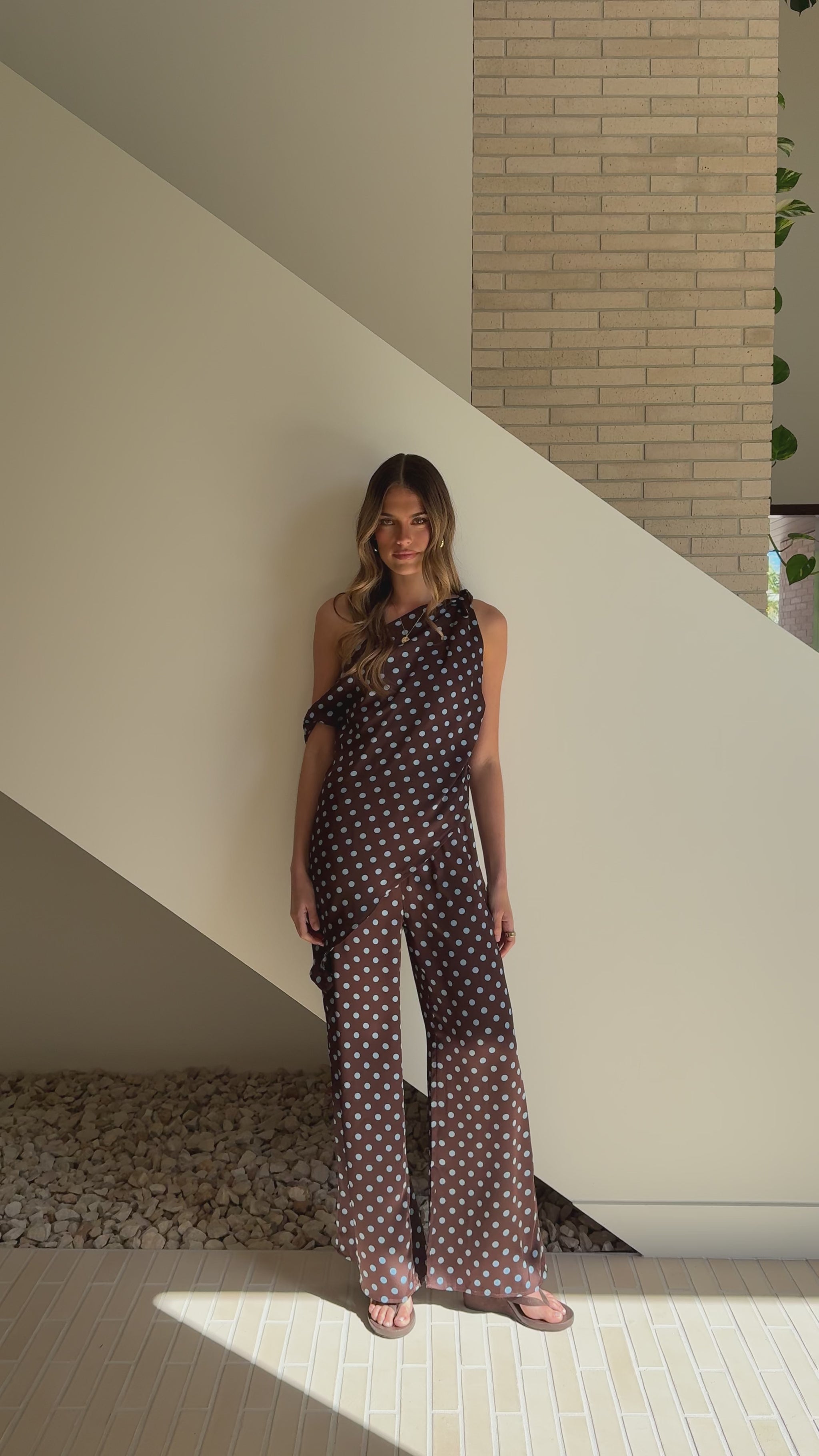 Liana Off Shoulder Top & Pants Set - Choc/Blue Polka Dot - Billy J