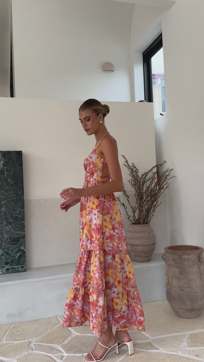 Load and play video in Gallery viewer, Bairbre Maxi Dress - Orange/Red Floral
